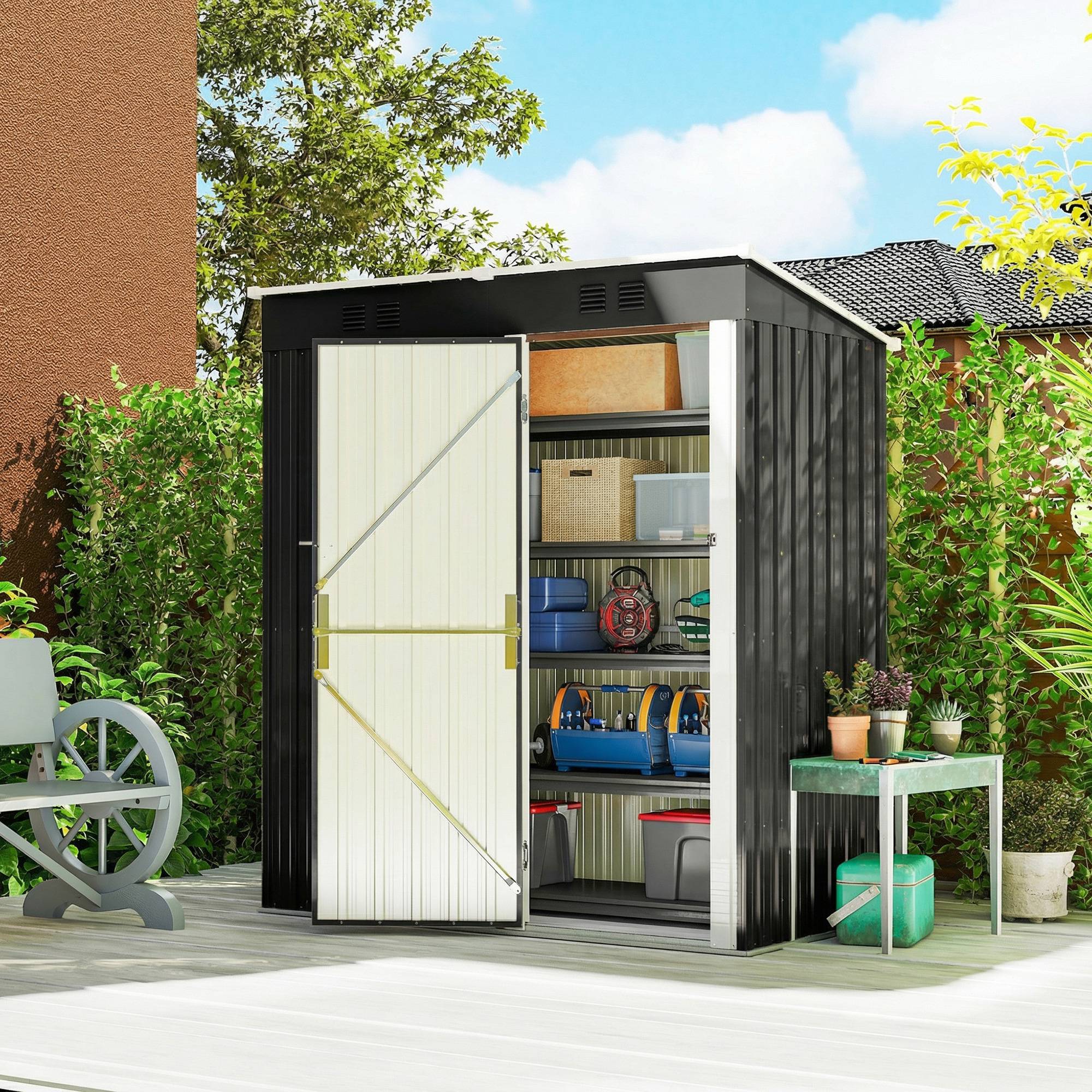 Abri de jardin extérieur 1,37 m² (163 x 90 x 179 cm) avec porte à loquet et aérations, gris foncé - Image 4