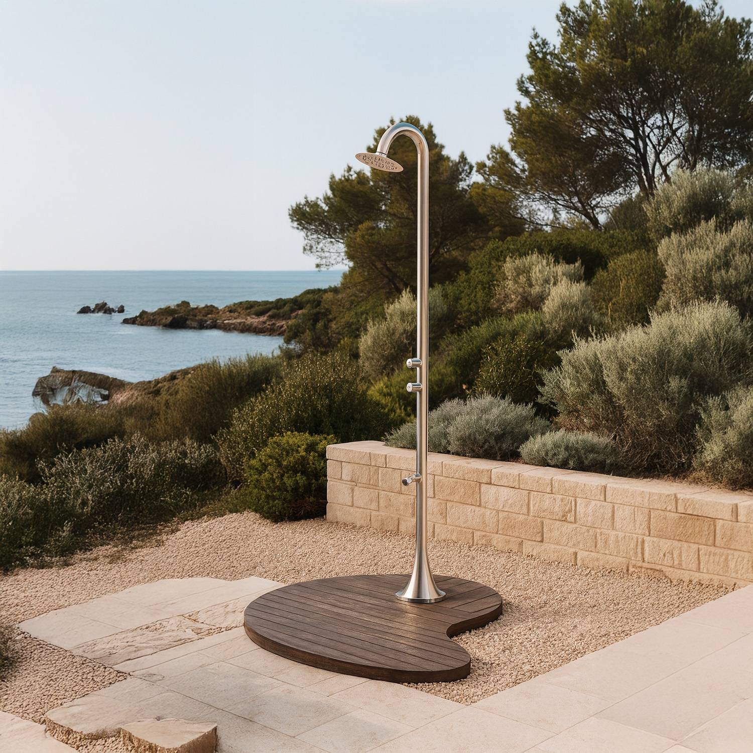 Douche inox 316L satinee a double bouton temporise pour exterieurs et jardins - Image 1