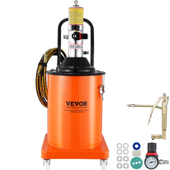 VEVOR Pompe graisse pneumatique 50:1, seau 20 L, tuyau 4 m, buse 360°. Sur roues, pour graissage. - Image 1