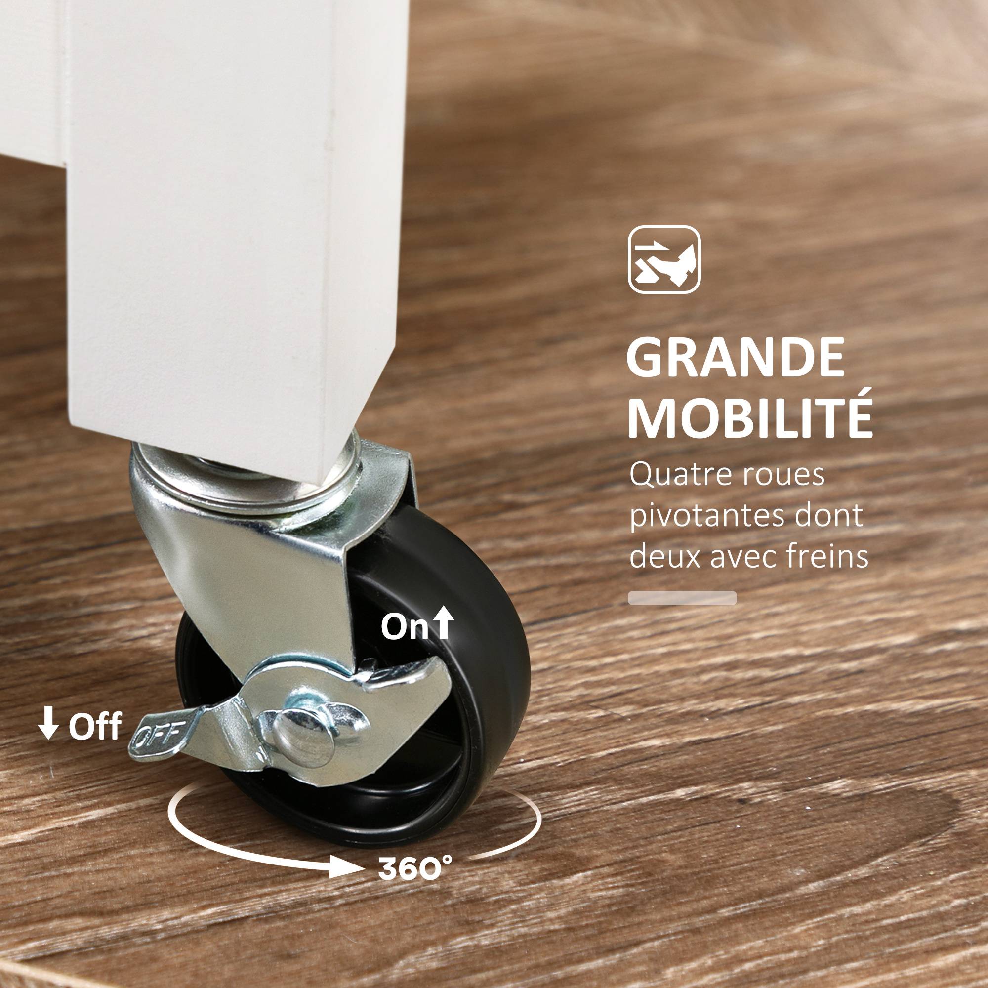 Chariot desserte de cuisine à roulettes plan de travail en bois 3 tiroirs + 1 plateau amovible 67 x 37 x 85,5 cm blanc - Image 10