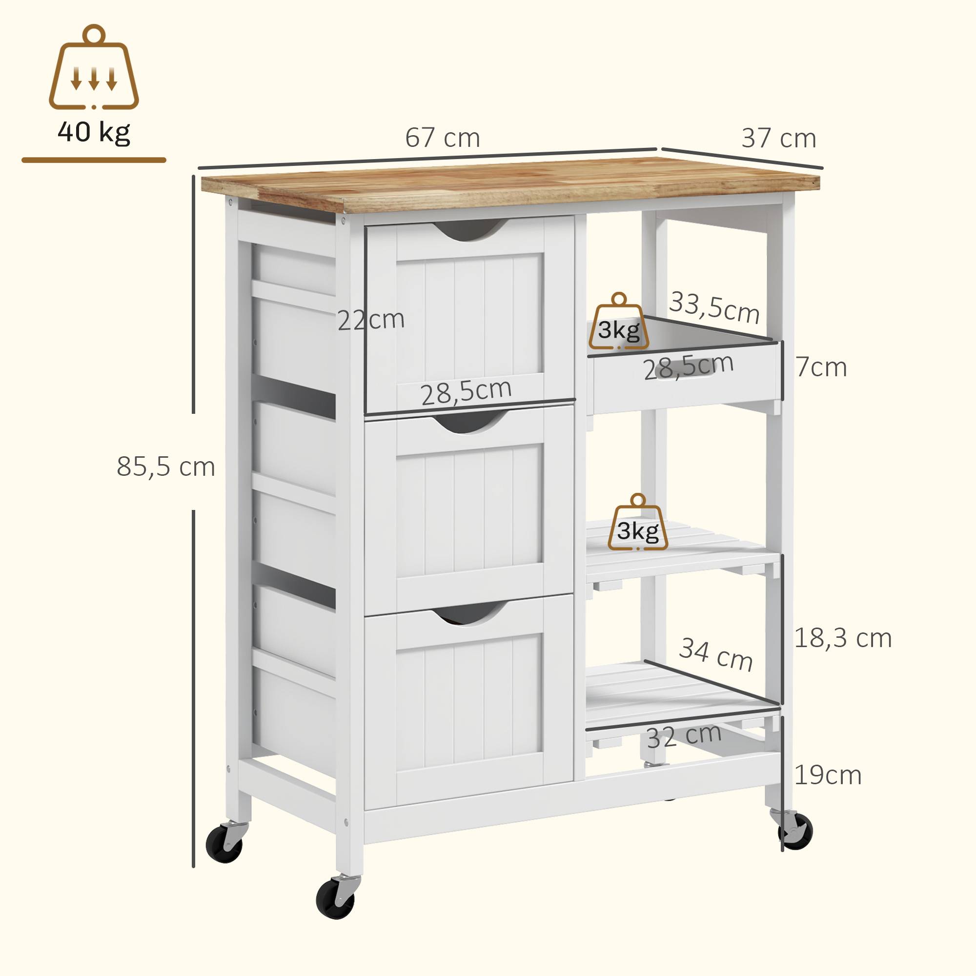 Chariot desserte de cuisine à roulettes plan de travail en bois 3 tiroirs + 1 plateau amovible 67 x 37 x 85,5 cm blanc - Image 5
