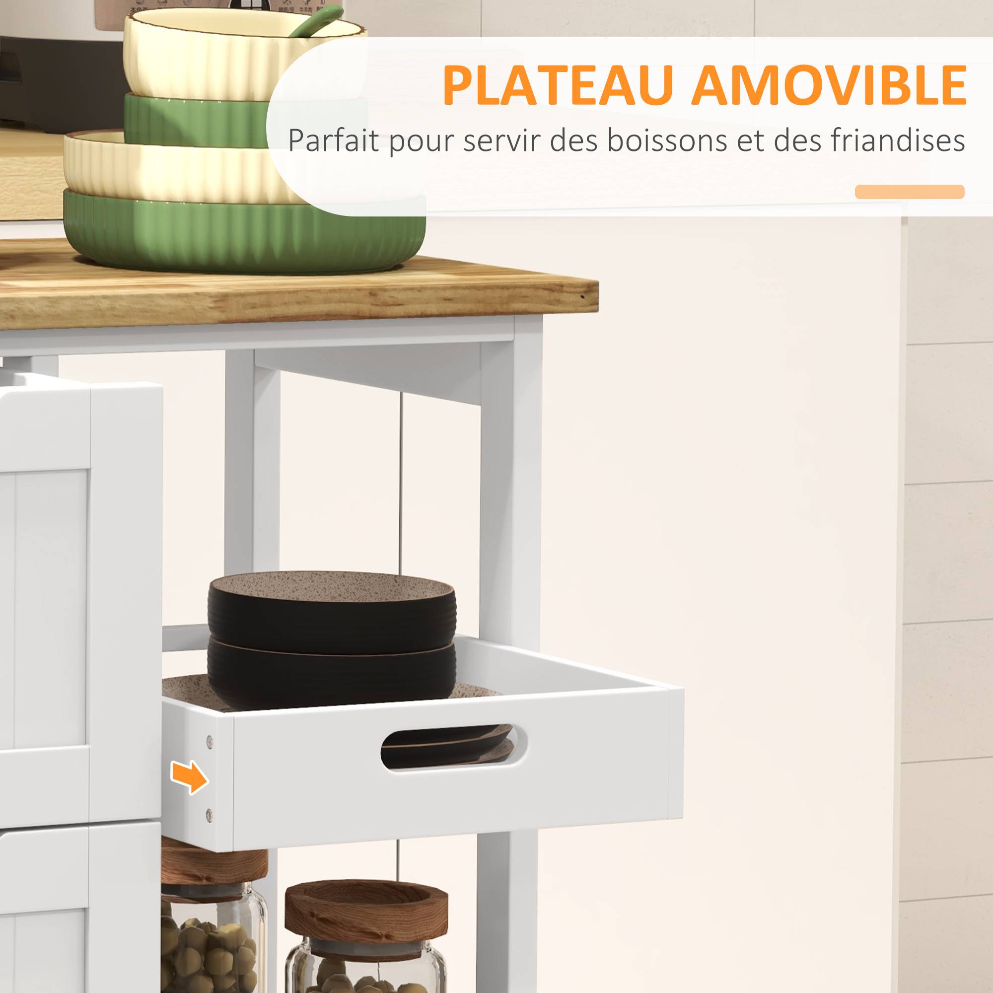 Chariot desserte de cuisine à roulettes plan de travail en bois 3 tiroirs + 1 plateau amovible 67 x 37 x 85,5 cm blanc - Image 7
