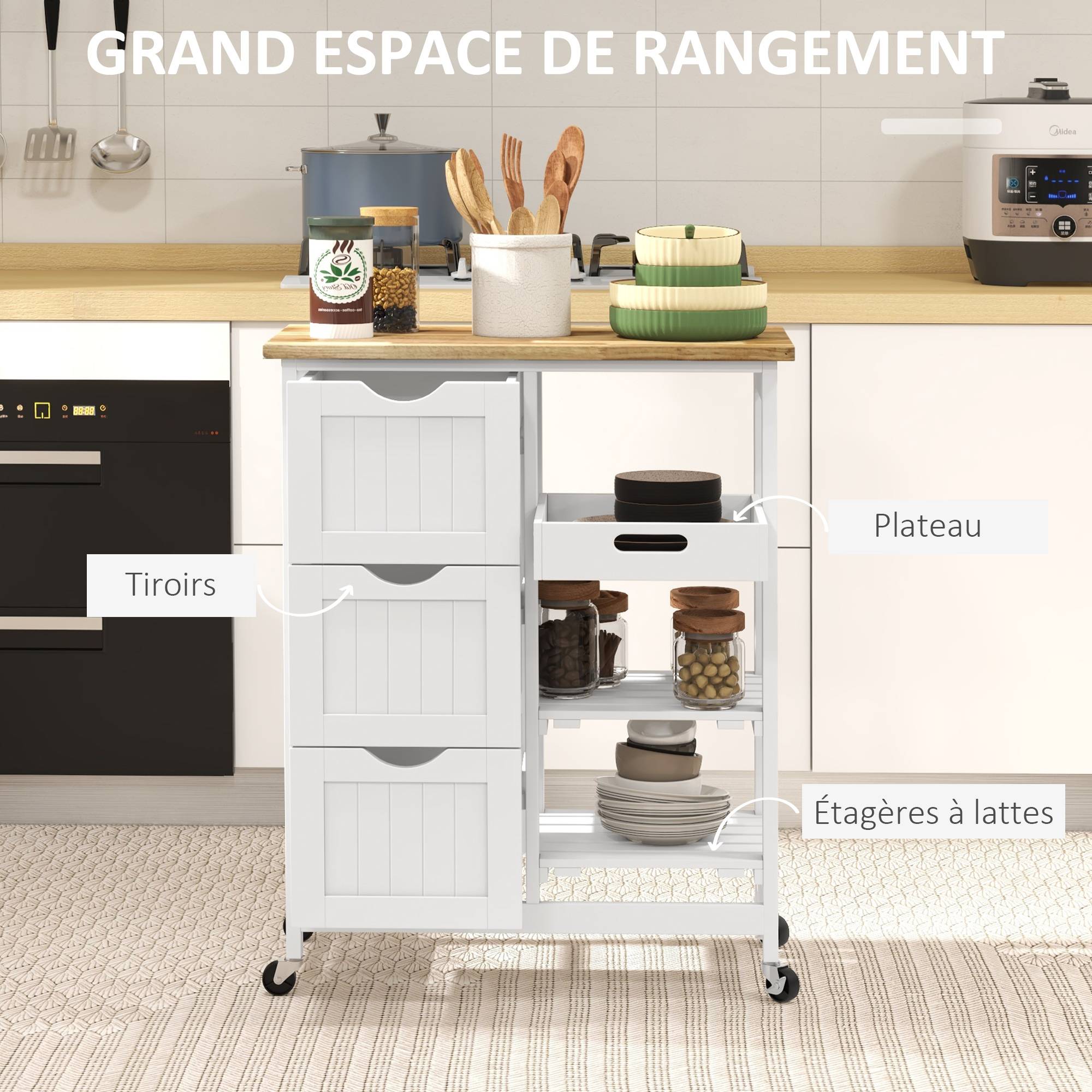 Chariot desserte de cuisine à roulettes plan de travail en bois 3 tiroirs + 1 plateau amovible 67 x 37 x 85,5 cm blanc - Image 6