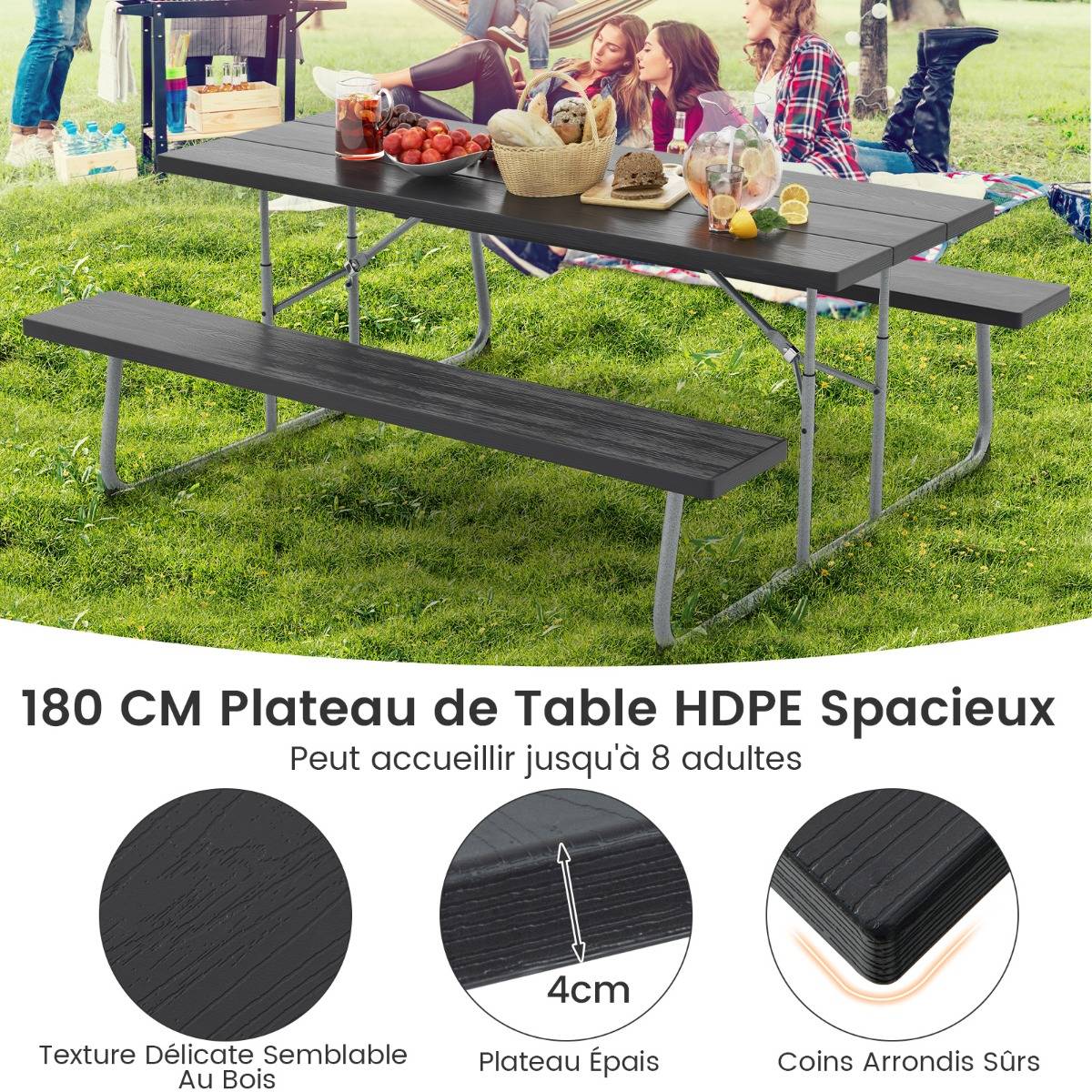 Ensemble Table et Bancs de Pique-Nique Pliable Ensemble de Jardin Cadre Métallique Plateau en HDPE 183x163x74cm Noir MAISON CHIC - Image 6