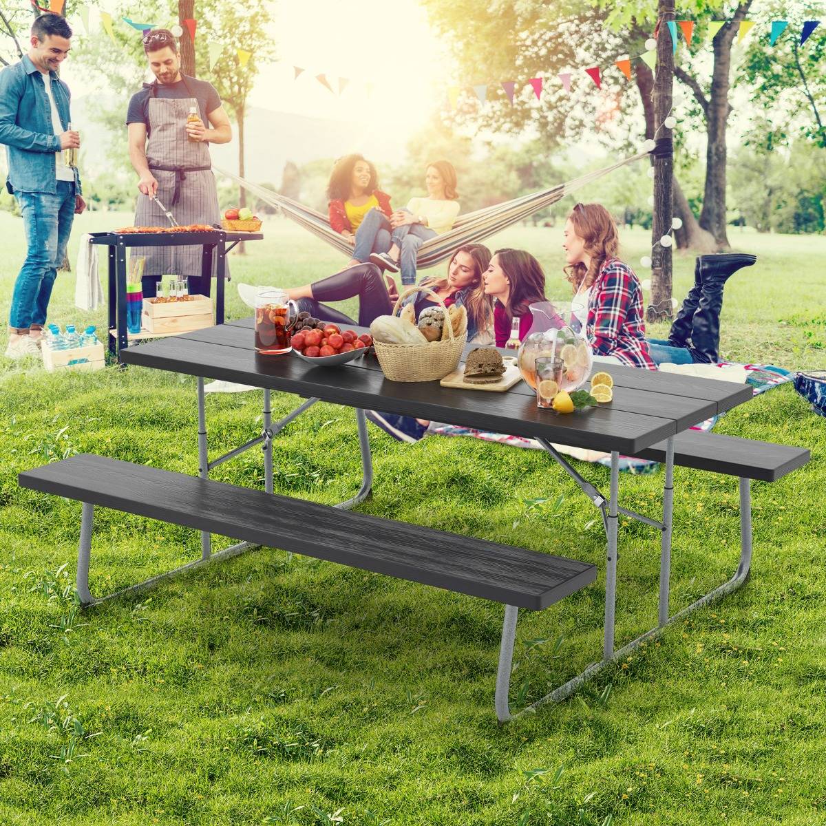 Ensemble Table et Bancs de Pique-Nique Pliable Ensemble de Jardin Cadre Métallique Plateau en HDPE 183x163x74cm Noir MAISON CHIC - Image 4