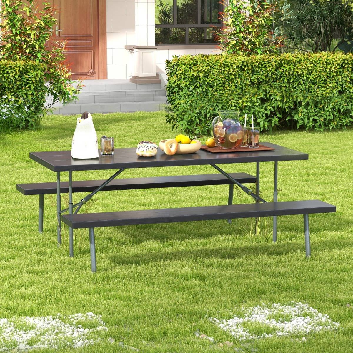 Ensemble Table et Bancs de Pique-Nique Pliable Ensemble de Jardin Cadre Métallique Plateau en HDPE 183x163x74cm Noir MAISON CHIC - Image 5