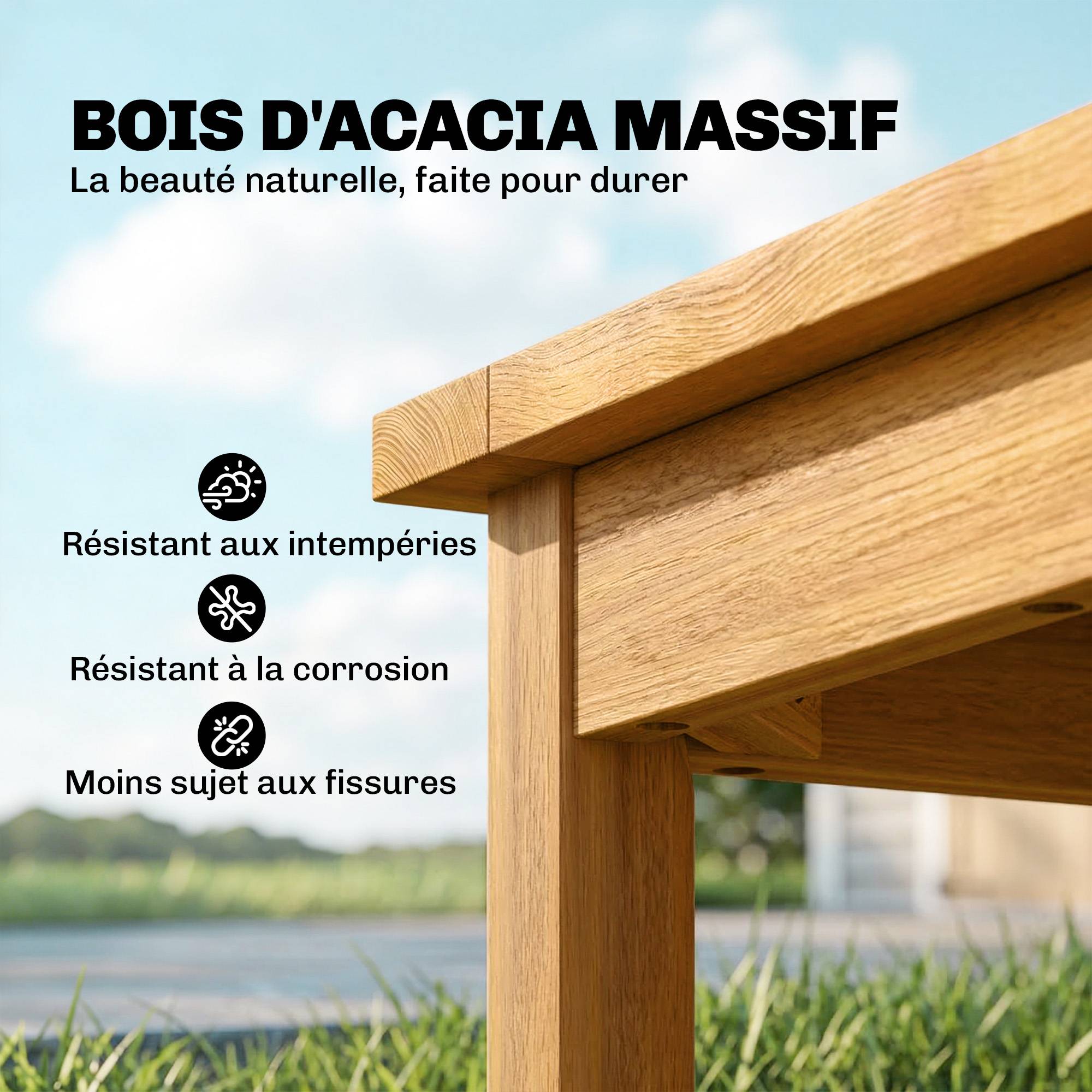 Table Basse de Jardin Carrée en Bois d'acacia Massif, avec Plateau à Lattes, Pieds Réglables, 48x48x46cm, Naturel - Image 6