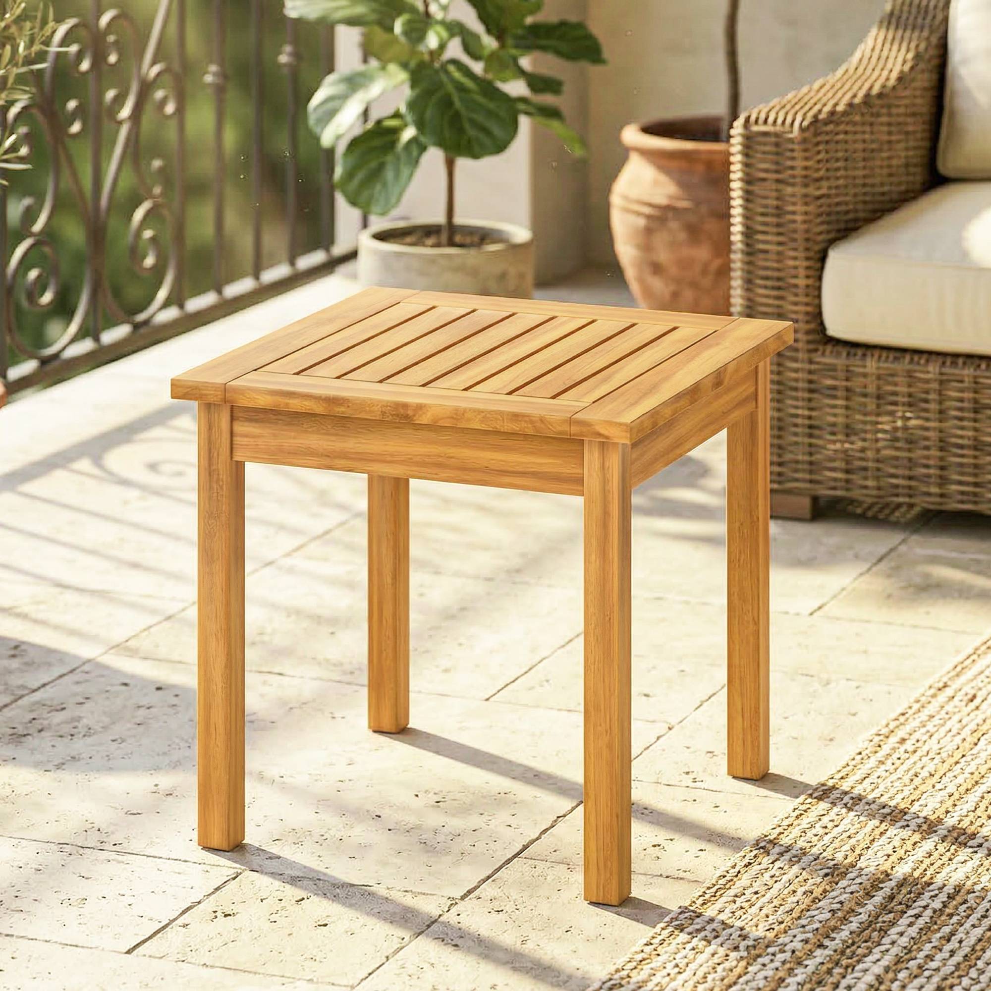 Table Basse de Jardin Carrée en Bois d'acacia Massif, avec Plateau à Lattes, Pieds Réglables, 48x48x46cm, Naturel - Image 4