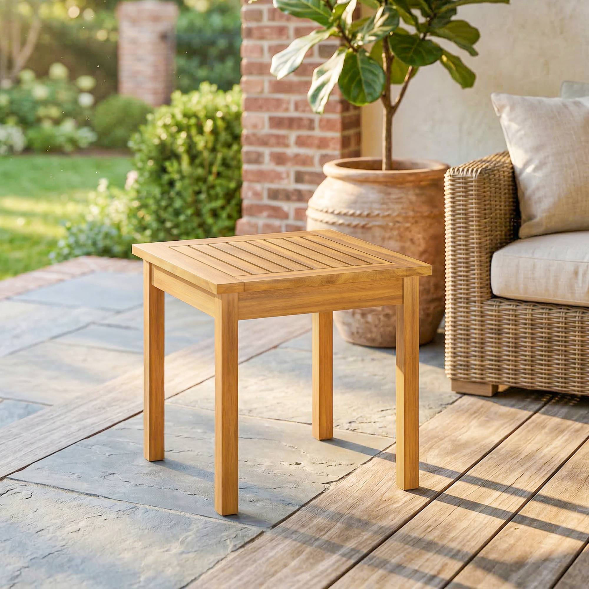 Table Basse de Jardin Carrée en Bois d'acacia Massif, avec Plateau à Lattes, Pieds Réglables, 48x48x46cm, Naturel - Image 3