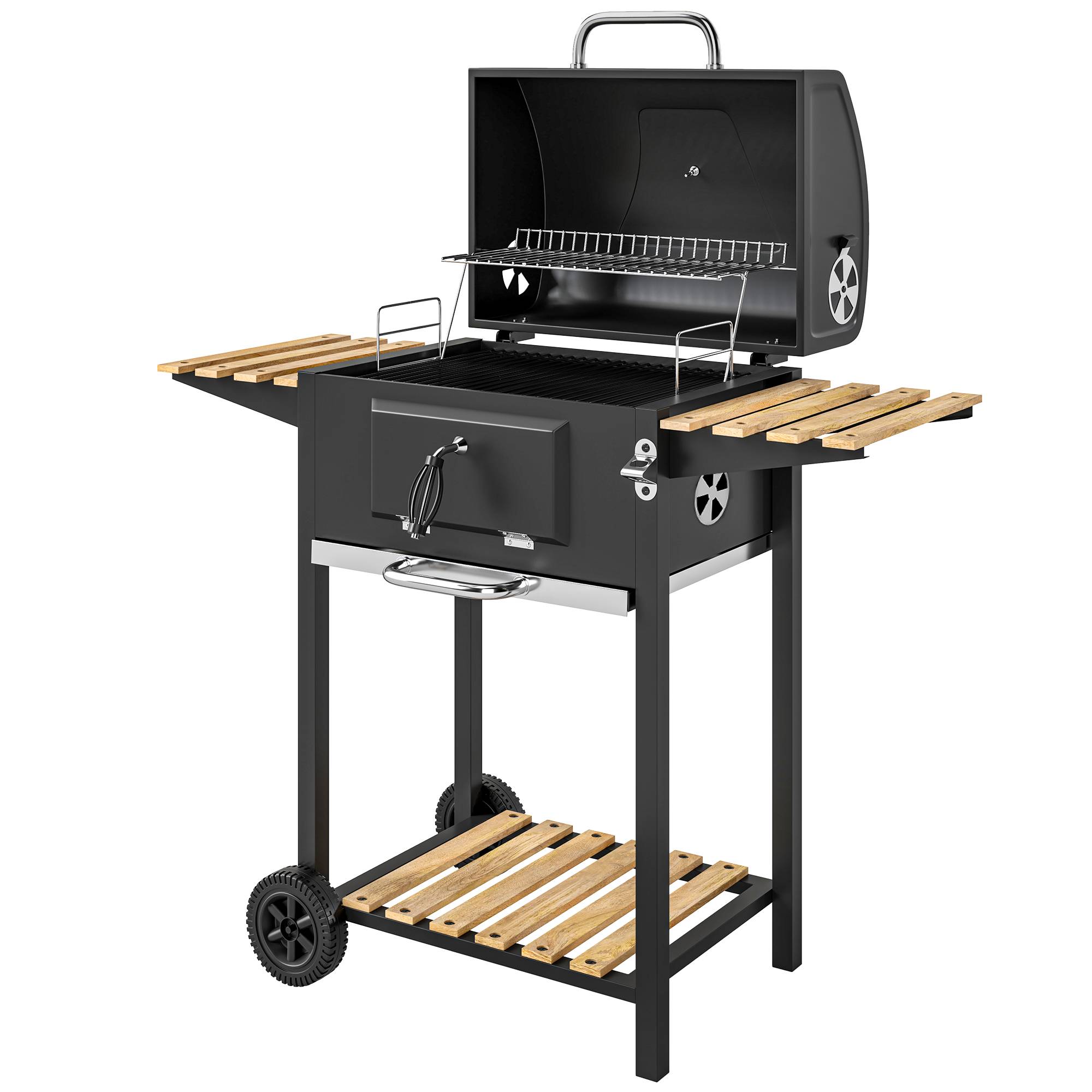 Sans Marque - Barbecue au charbon de bois, bac à charbon réglable en hauteur, chariot de barbecue, étagères, thermomètre, ouvre-bouteille, acier, bois, noir - Image 2