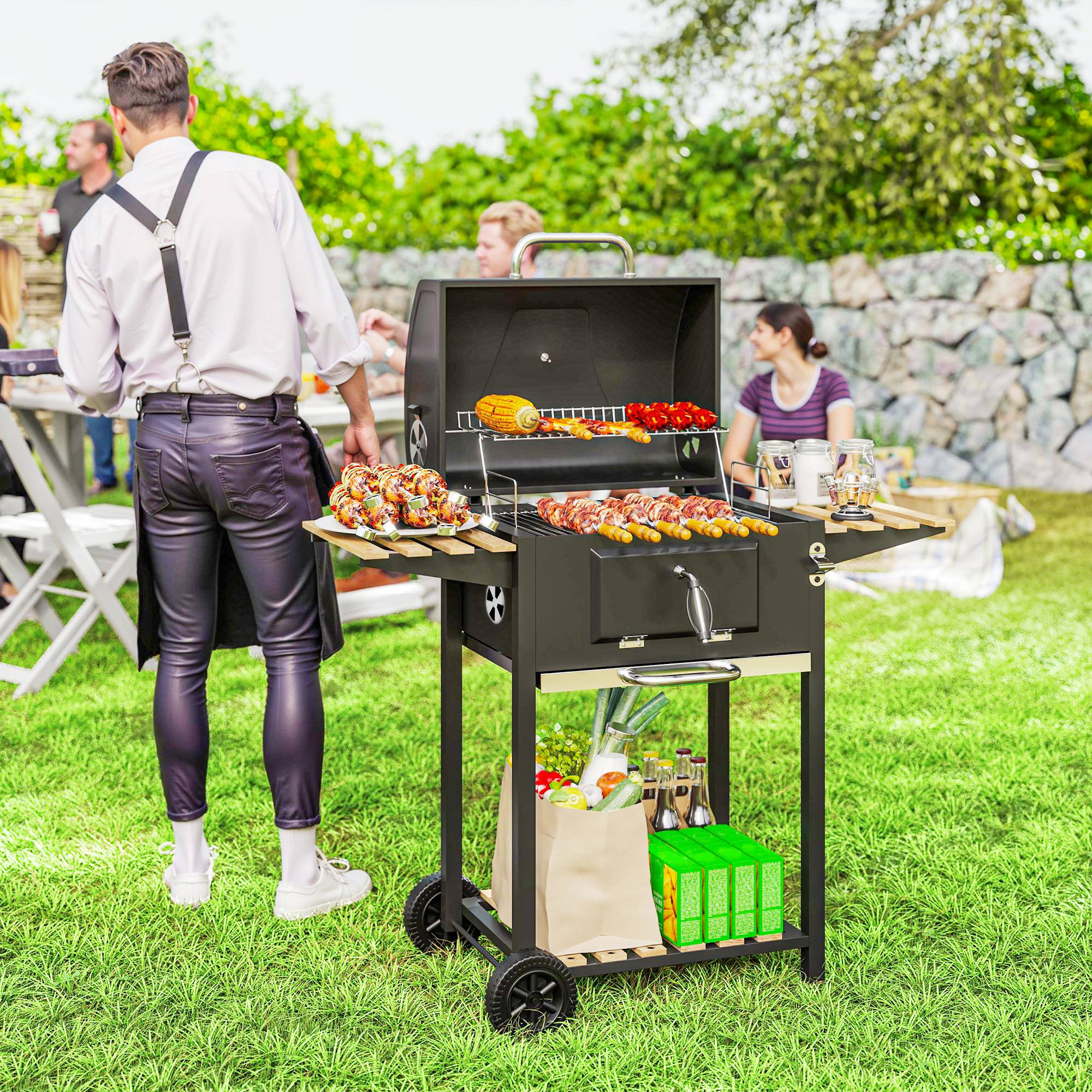 Sans Marque - Barbecue au charbon de bois, bac à charbon réglable en hauteur, chariot de barbecue, étagères, thermomètre, ouvre-bouteille, acier, bois, noir - Image 4