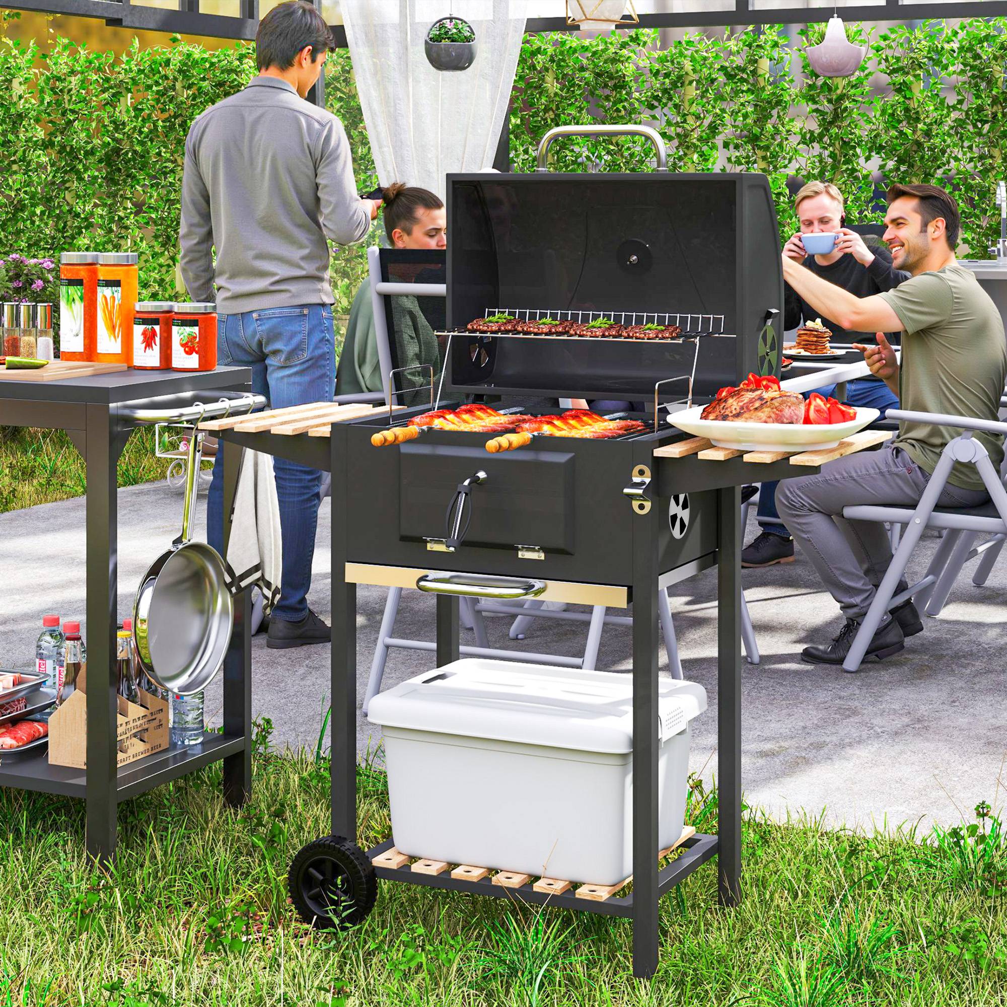 Sans Marque - Barbecue au charbon de bois, bac à charbon réglable en hauteur, chariot de barbecue, étagères, thermomètre, ouvre-bouteille, acier, bois, noir - Image 3