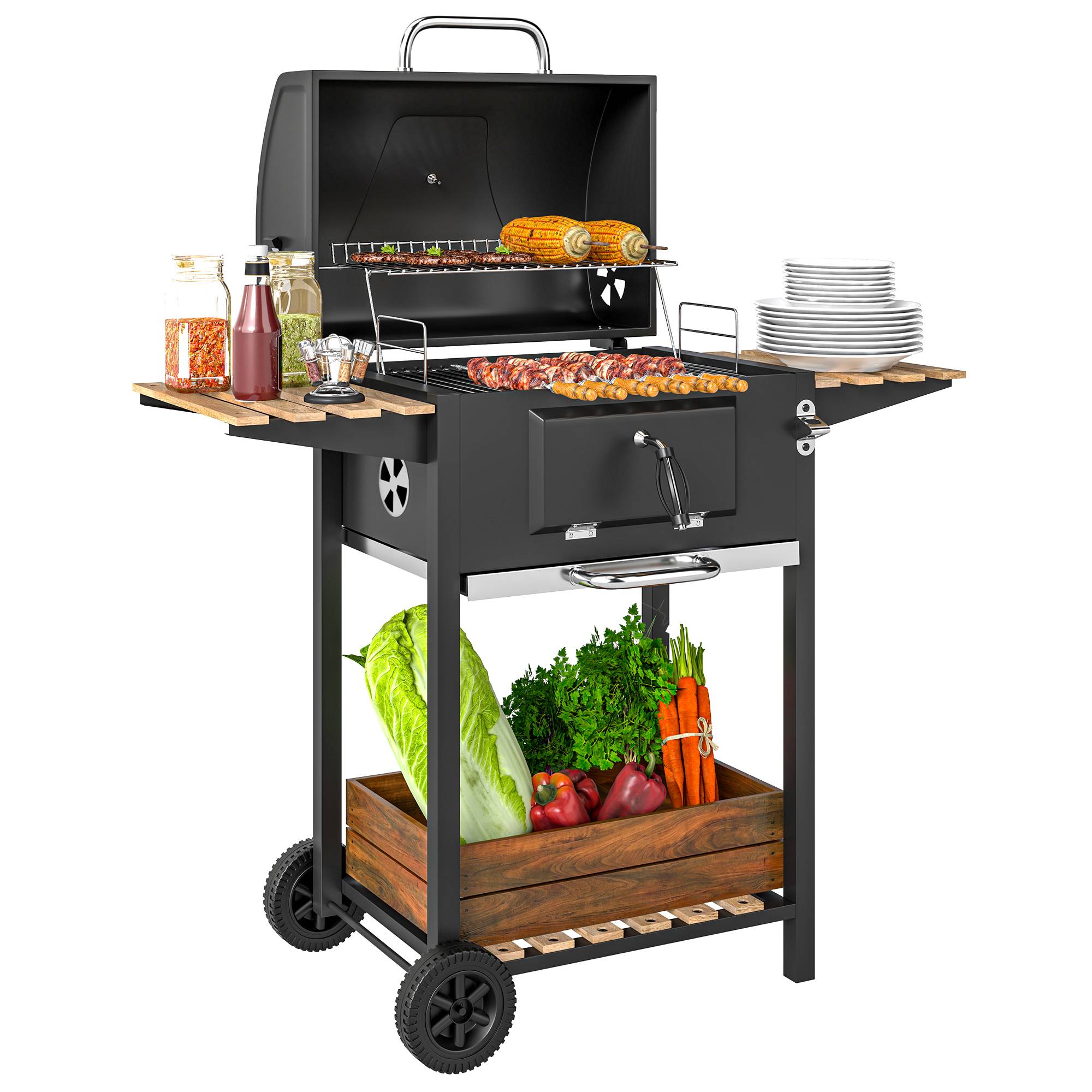 Sans Marque - Barbecue au charbon de bois, bac à charbon réglable en hauteur, chariot de barbecue, étagères, thermomètre, ouvre-bouteille, acier, bois, noir - Image 1