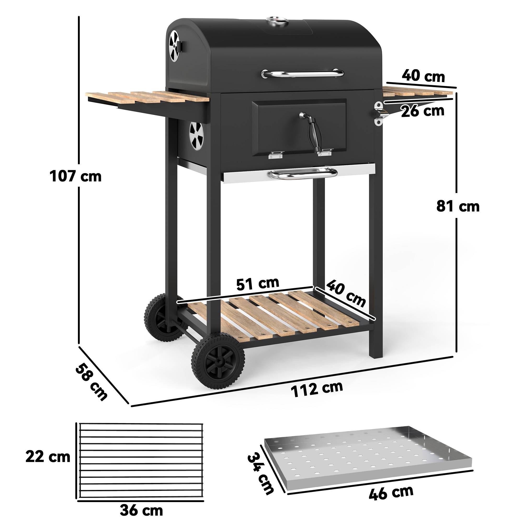 Sans Marque - Barbecue au charbon de bois, bac à charbon réglable en hauteur, chariot de barbecue, étagères, thermomètre, ouvre-bouteille, acier, bois, noir - Image 5
