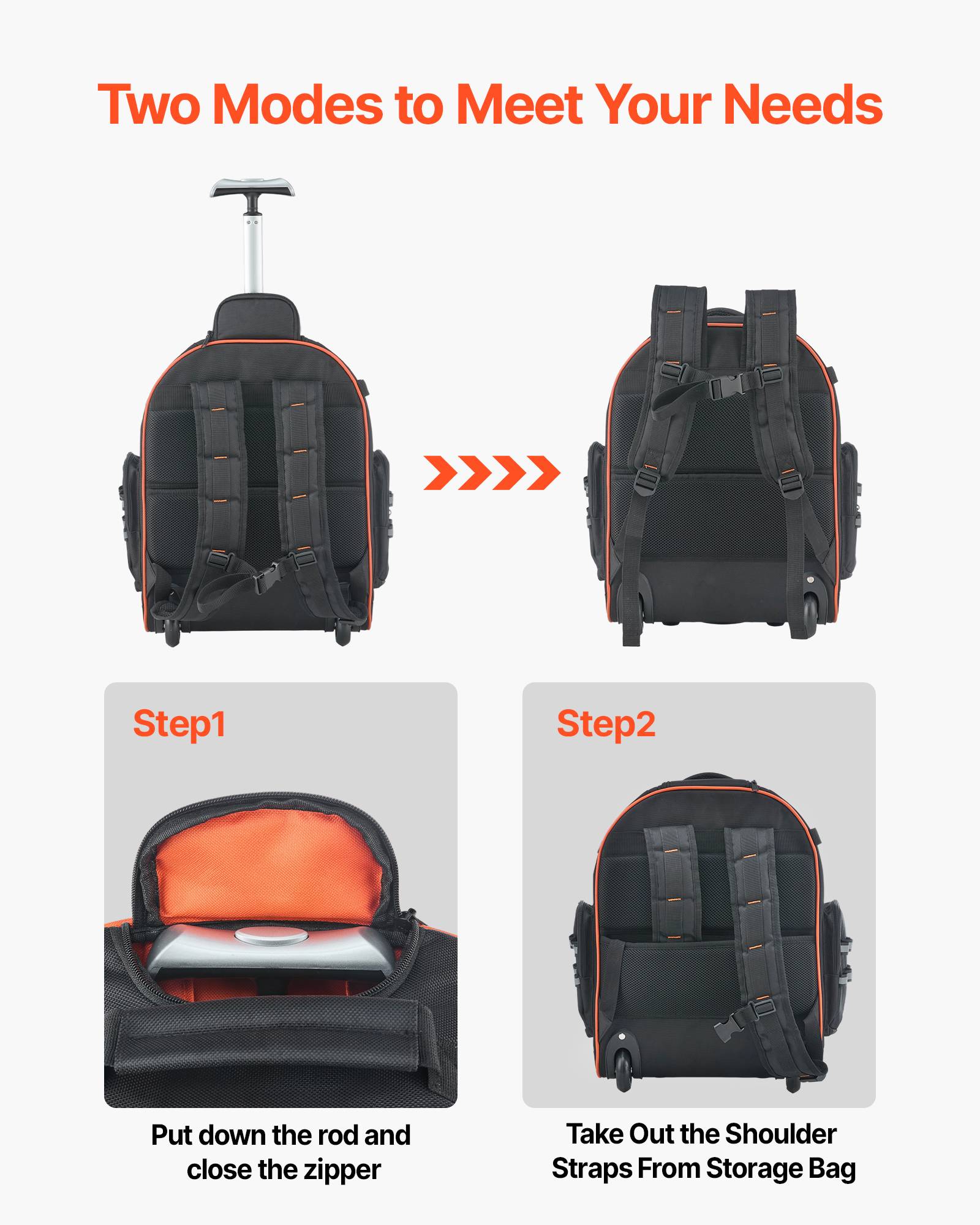 Vevor - VEVOR Sac à dos à roulettes 2-en-1, 45 poches, charge 50 kg, 44 x 25 x 48 cm, poignée télescopique, base stable, pour électriciens et plombiers. - Image 7