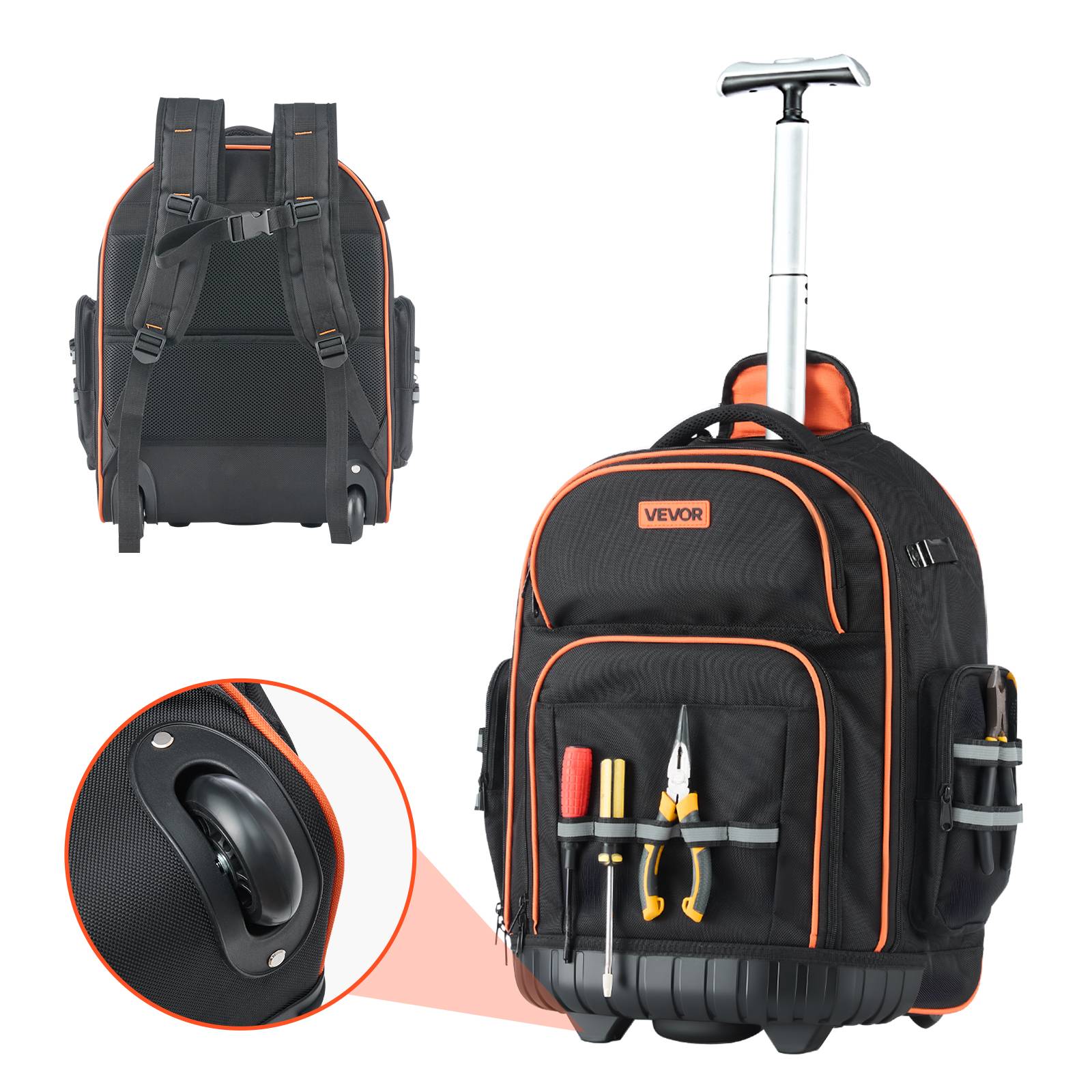 Vevor - VEVOR Sac à dos à roulettes 2-en-1, 45 poches, charge 50 kg, 44 x 25 x 48 cm, poignée télescopique, base stable, pour électriciens et plombiers. - Image 1