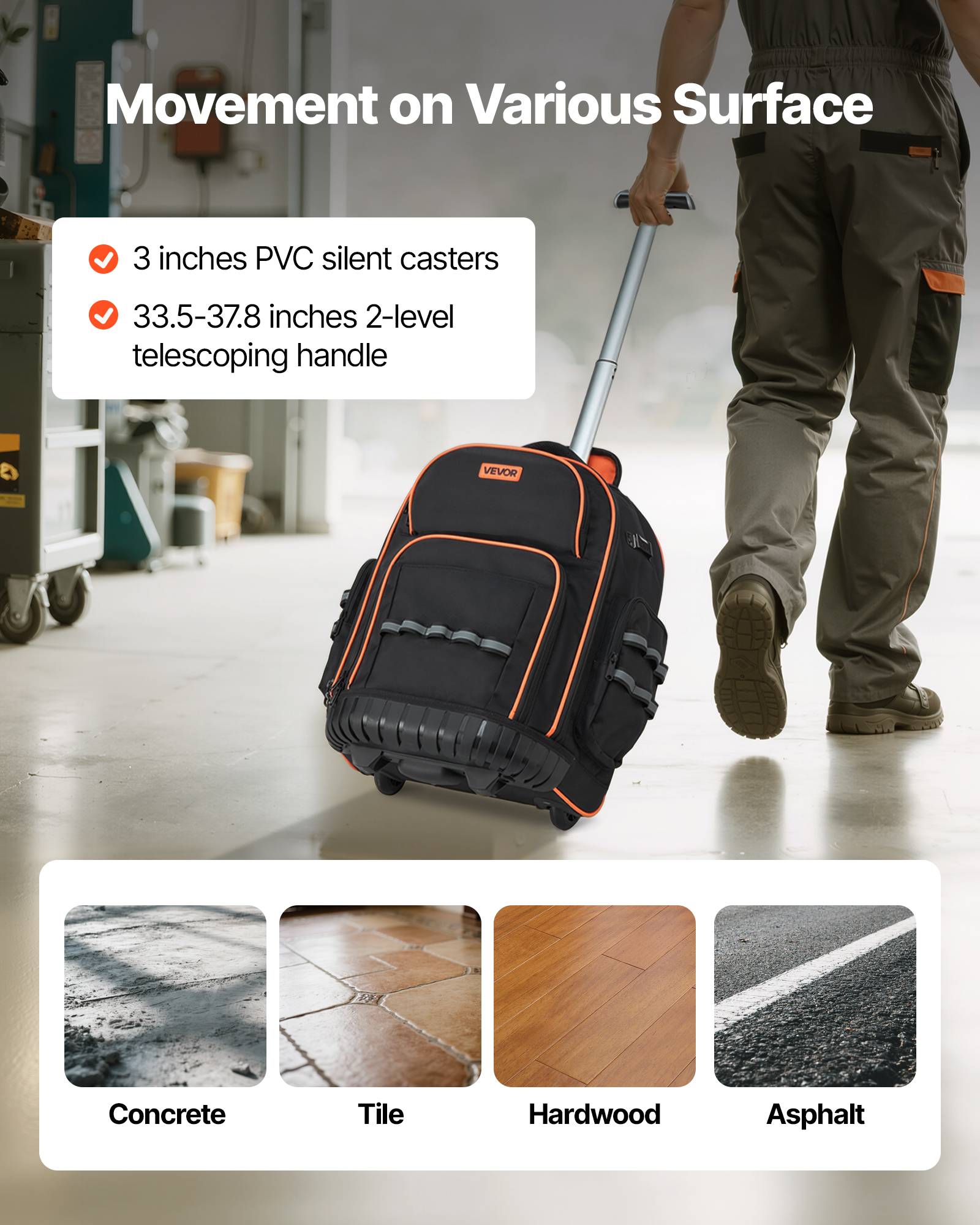 Vevor - VEVOR Sac à dos à roulettes 2-en-1, 45 poches, charge 50 kg, 44 x 25 x 48 cm, poignée télescopique, base stable, pour électriciens et plombiers. - Image 4
