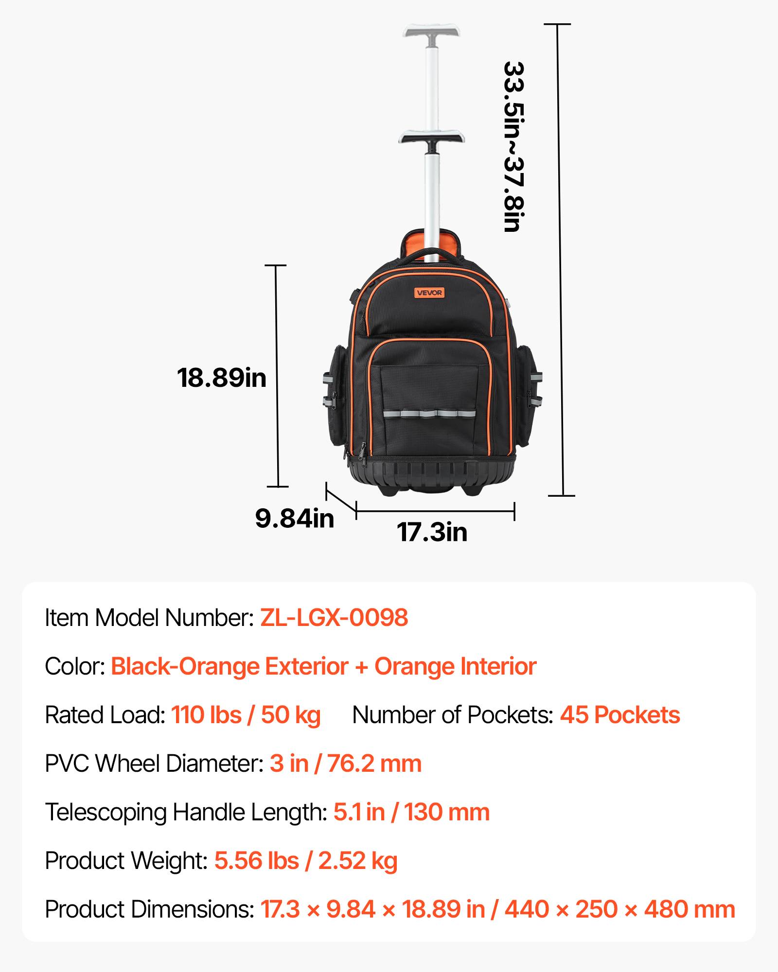 Vevor - VEVOR Sac à dos à roulettes 2-en-1, 45 poches, charge 50 kg, 44 x 25 x 48 cm, poignée télescopique, base stable, pour électriciens et plombiers. - Image 6