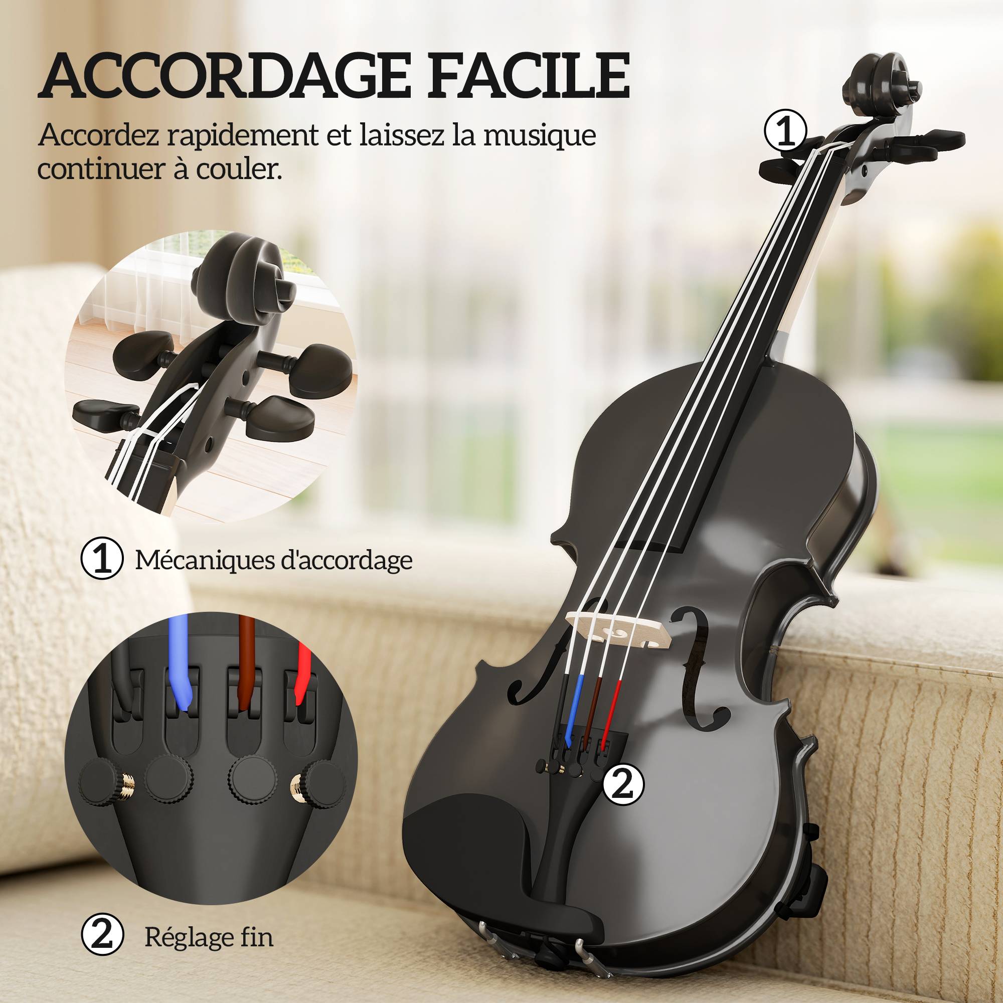 Violon 4/4 Ensemble de Violon en Bois Massif pour Adultes et Débutants avec Étui Léger et Portable 60 x 21 cm Noir - Image 9