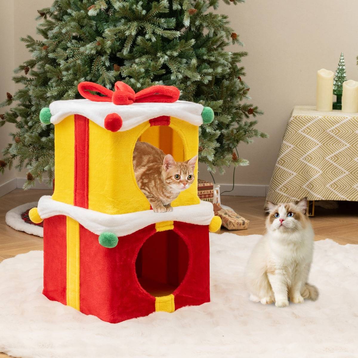 Maison de Noël pour Chat à 2 Etages 2 Condos Empilables en Forme de Paquets Cadeaux avec Nœud en Tissu Peluche et Bois d'Ingénierie - Image 2