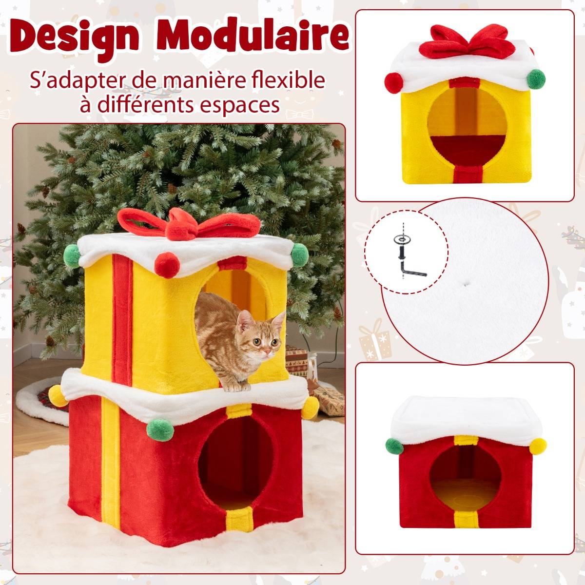 Maison de Noël pour Chat à 2 Etages 2 Condos Empilables en Forme de Paquets Cadeaux avec Nœud en Tissu Peluche et Bois d'Ingénierie - Image 7