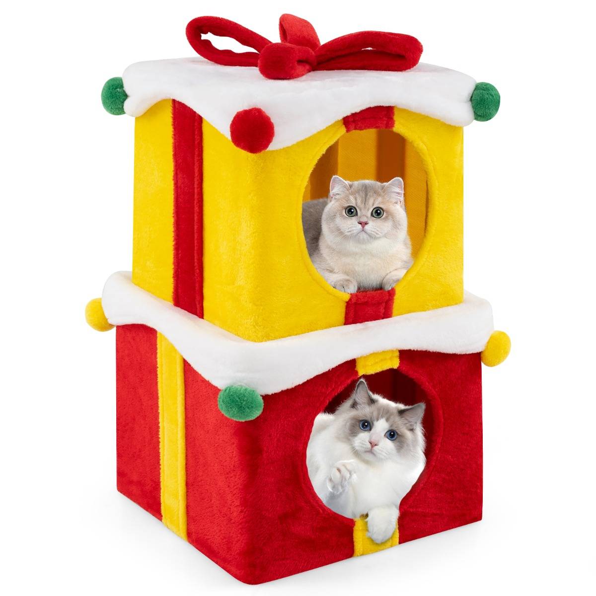 Maison de Noël pour Chat à 2 Etages 2 Condos Empilables en Forme de Paquets Cadeaux avec Nœud en Tissu Peluche et Bois d'Ingénierie - Image 1