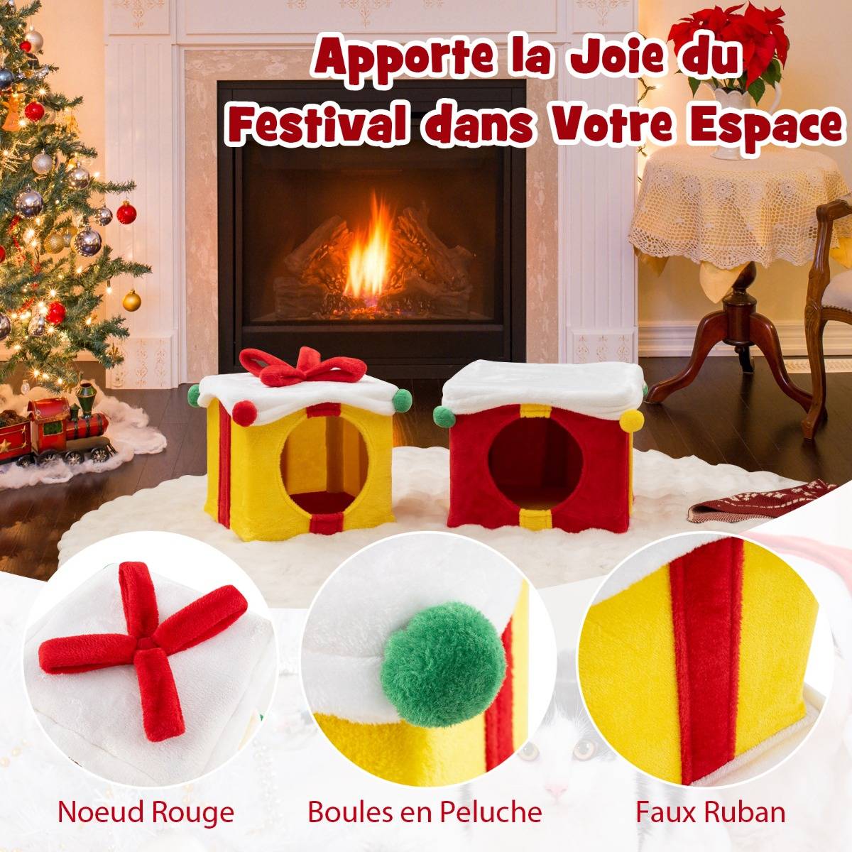 Maison de Noël pour Chat à 2 Etages 2 Condos Empilables en Forme de Paquets Cadeaux avec Nœud en Tissu Peluche et Bois d'Ingénierie - Image 6