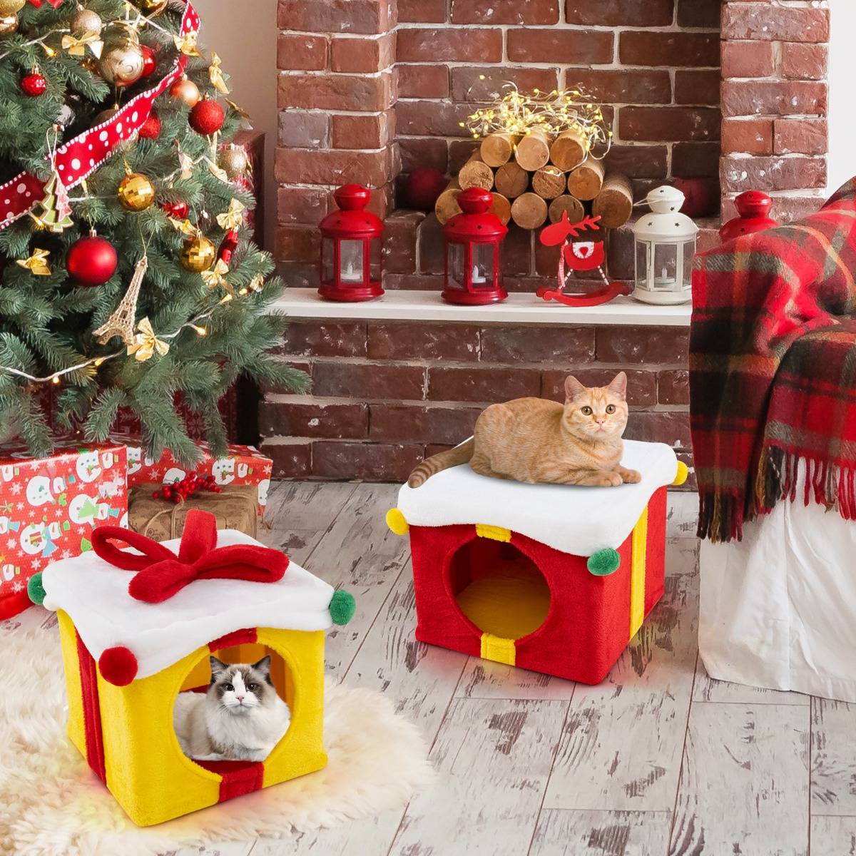 Maison de Noël pour Chat à 2 Etages 2 Condos Empilables en Forme de Paquets Cadeaux avec Nœud en Tissu Peluche et Bois d'Ingénierie - Image 3