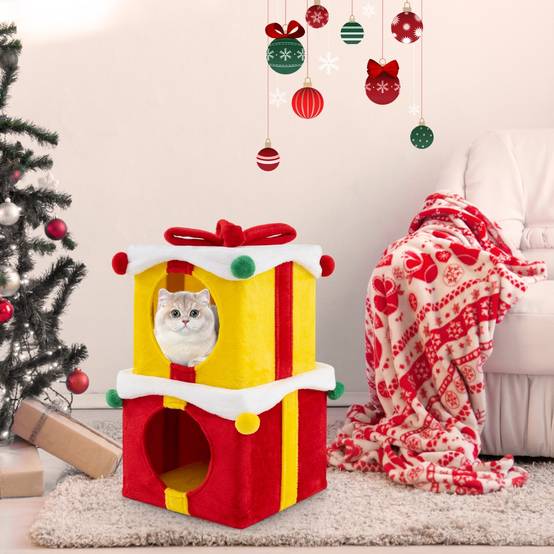 Maison de Noël pour Chat à 2 Etages 2 Condos Empilables en Forme de Paquets Cadeaux avec Nœud en Tissu Peluche et Bois d'Ingénierie - Image 4