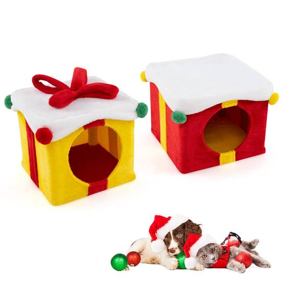 Maison de Noël pour Chat à 2 Etages 2 Condos Empilables en Forme de Paquets Cadeaux avec Nœud en Tissu Peluche et Bois d'Ingénierie - Image 5