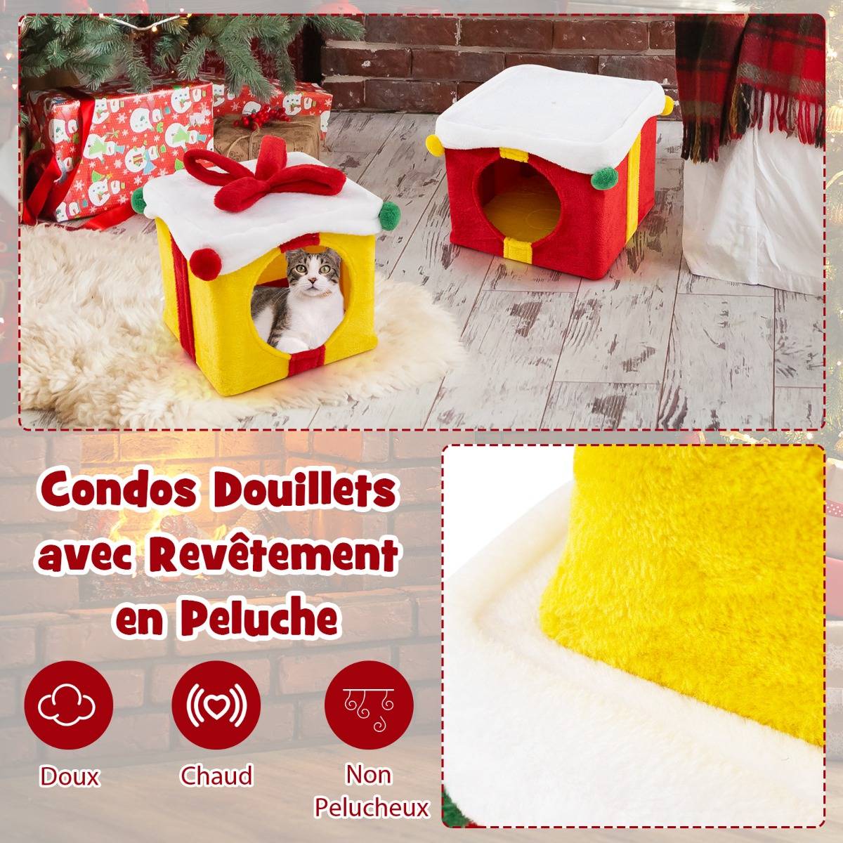 Maison de Noël pour Chat à 2 Etages 2 Condos Empilables en Forme de Paquets Cadeaux avec Nœud en Tissu Peluche et Bois d'Ingénierie - Image 8