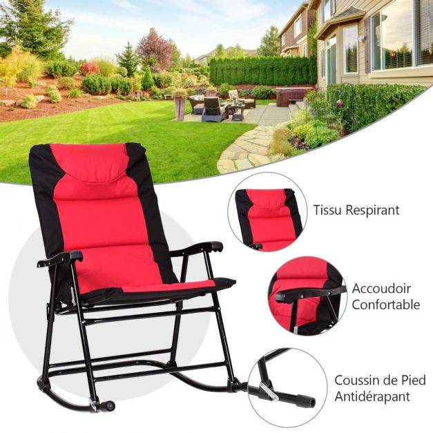 Salon de jardin 2 personnes ensemble de jardin 3 pcs avec 2 chaises rembourrés à bascule et table en verre pliables rouge - Image 2