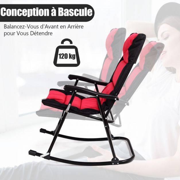 Salon de jardin 2 personnes ensemble de jardin 3 pcs avec 2 chaises rembourrés à bascule et table en verre pliables rouge - Image 3