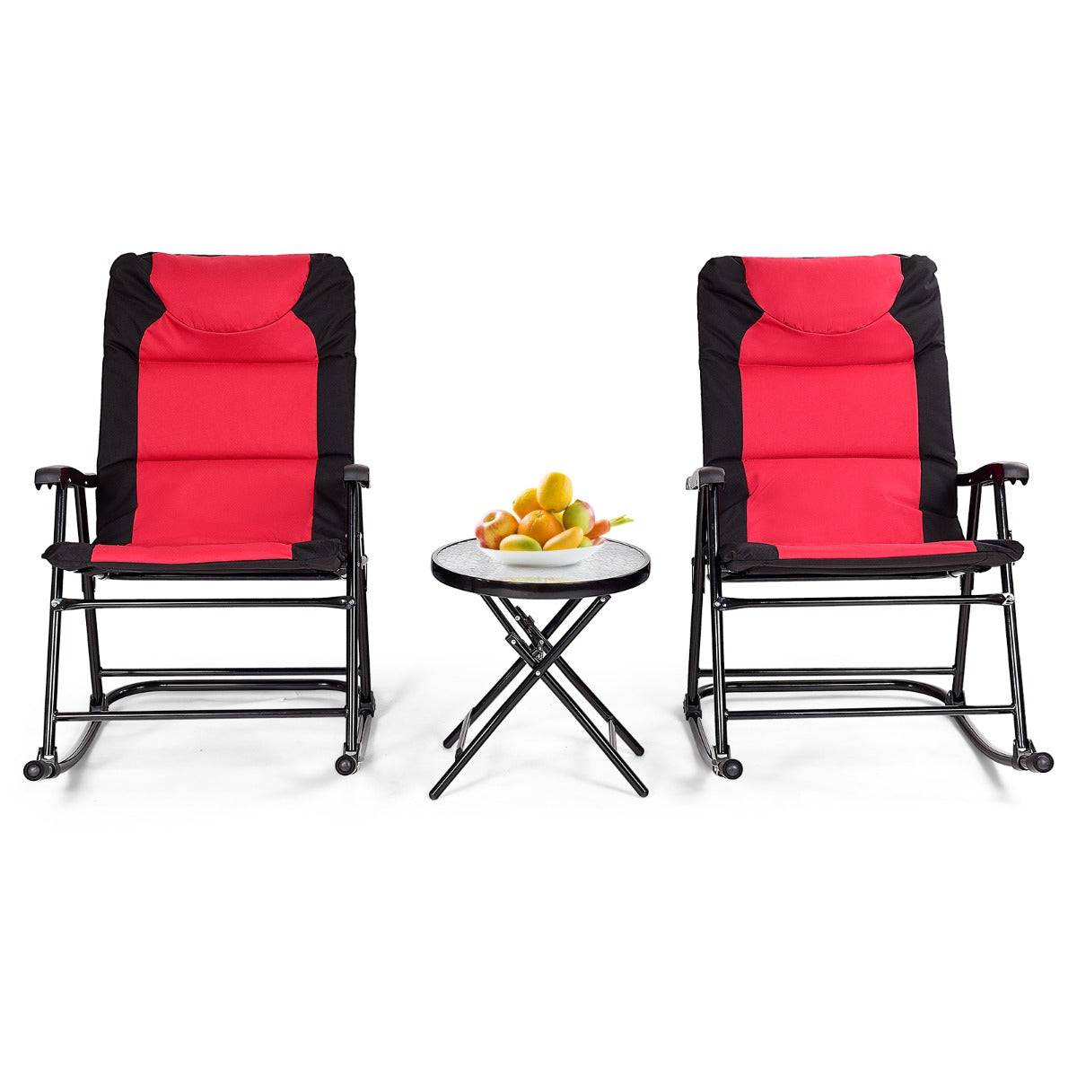Salon de jardin 2 personnes ensemble de jardin 3 pcs avec 2 chaises rembourrés à bascule et table en verre pliables rouge - Image 1