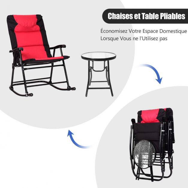 Salon de jardin 2 personnes ensemble de jardin 3 pcs avec 2 chaises rembourrés à bascule et table en verre pliables rouge - Image 4