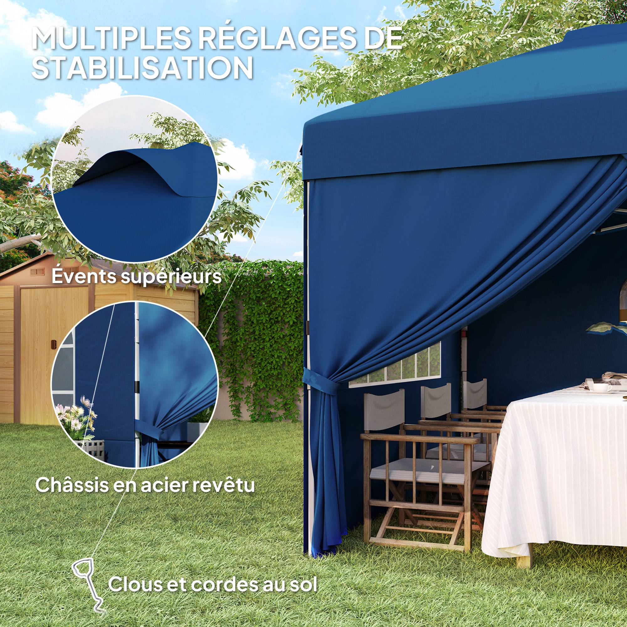 Outsunny - Tonnelle de jardin pliante pop-up 3x3m h. réglable, parois latérales, aérations, fenêtres, sac roulettes tissu Oxford bleu foncé - Outsunny - Image 8