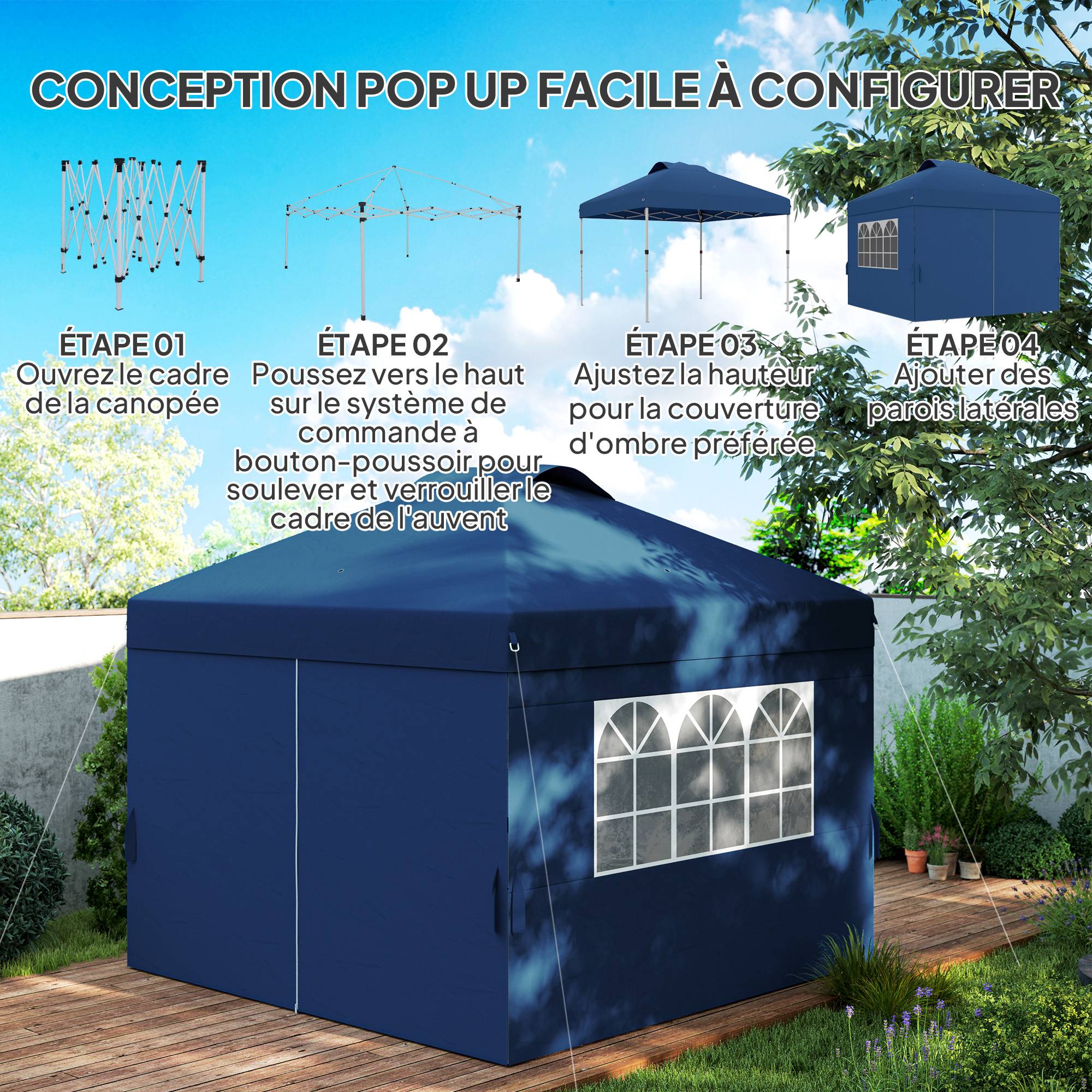Outsunny - Tonnelle de jardin pliante pop-up 3x3m h. réglable, parois latérales, aérations, fenêtres, sac roulettes tissu Oxford bleu foncé - Outsunny - Image 5