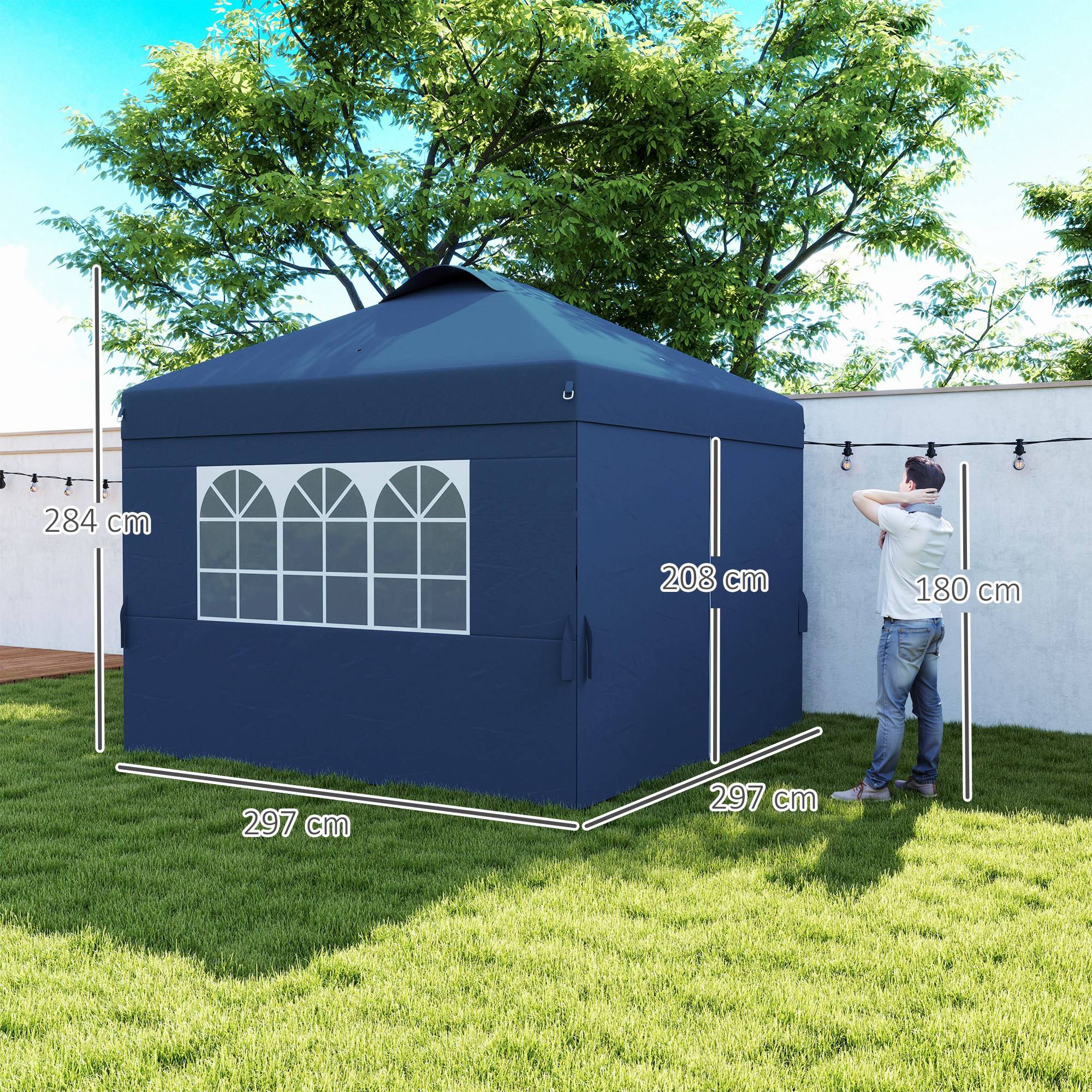 Outsunny - Tonnelle de jardin pliante pop-up 3x3m h. réglable, parois latérales, aérations, fenêtres, sac roulettes tissu Oxford bleu foncé - Outsunny - Image 3