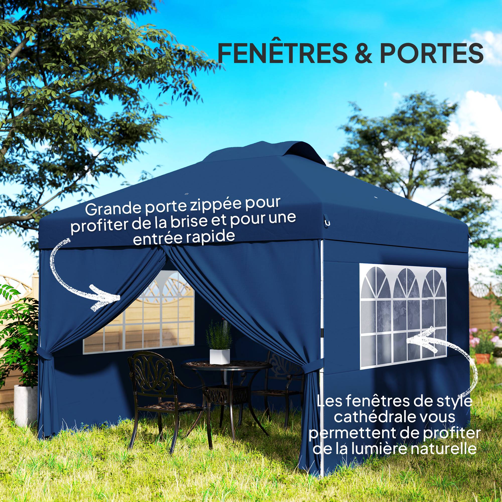 Outsunny - Tonnelle de jardin pliante pop-up 3x3m h. réglable, parois latérales, aérations, fenêtres, sac roulettes tissu Oxford bleu foncé - Outsunny - Image 6