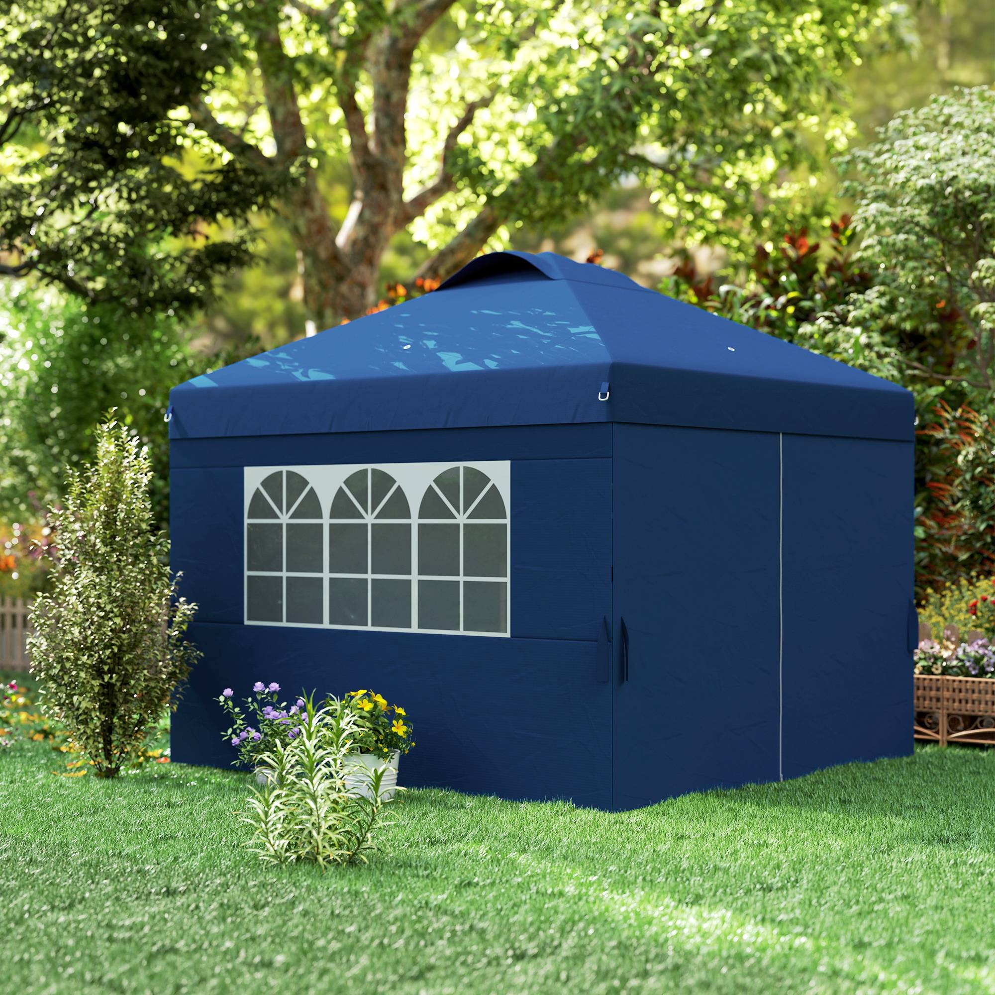 Outsunny - Tonnelle de jardin pliante pop-up 3x3m h. réglable, parois latérales, aérations, fenêtres, sac roulettes tissu Oxford bleu foncé - Outsunny - Image 2