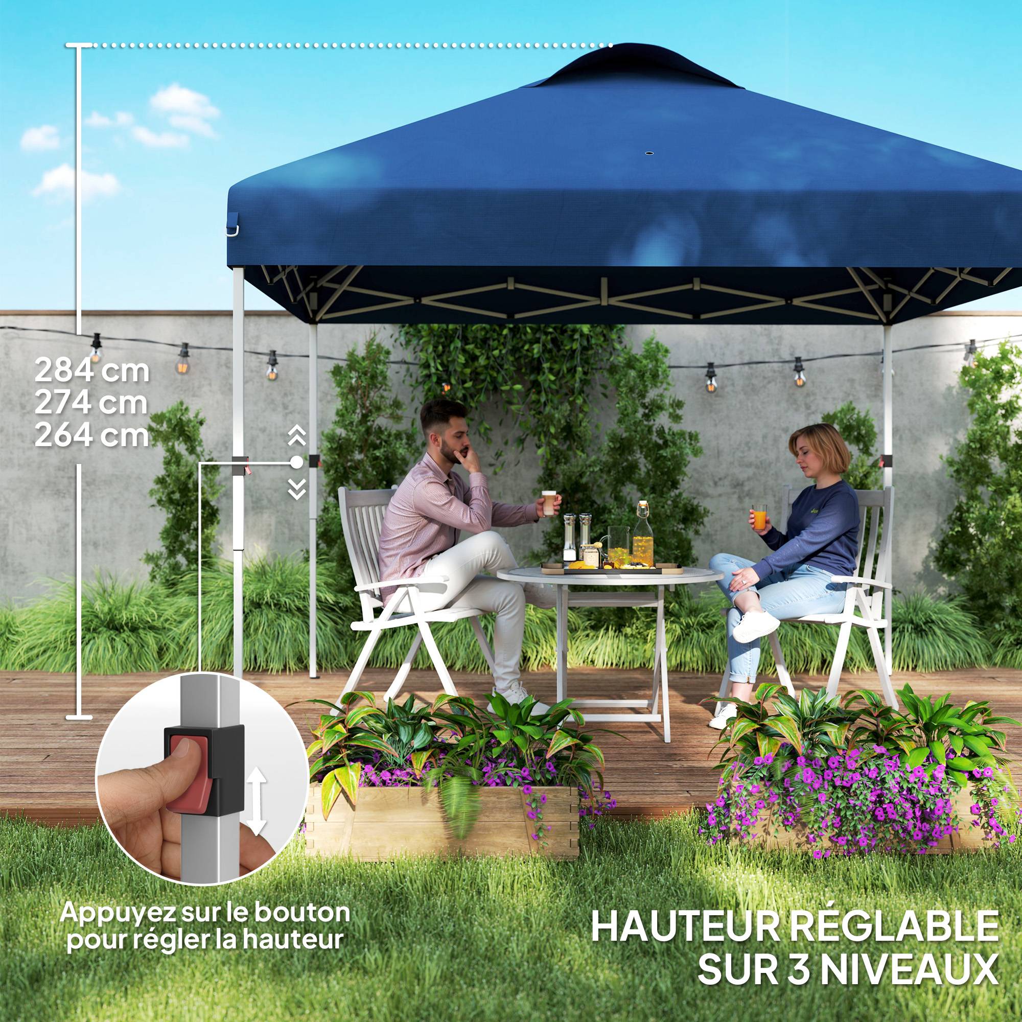 Outsunny - Tonnelle de jardin pliante pop-up 3x3m h. réglable, parois latérales, aérations, fenêtres, sac roulettes tissu Oxford bleu foncé - Outsunny - Image 7