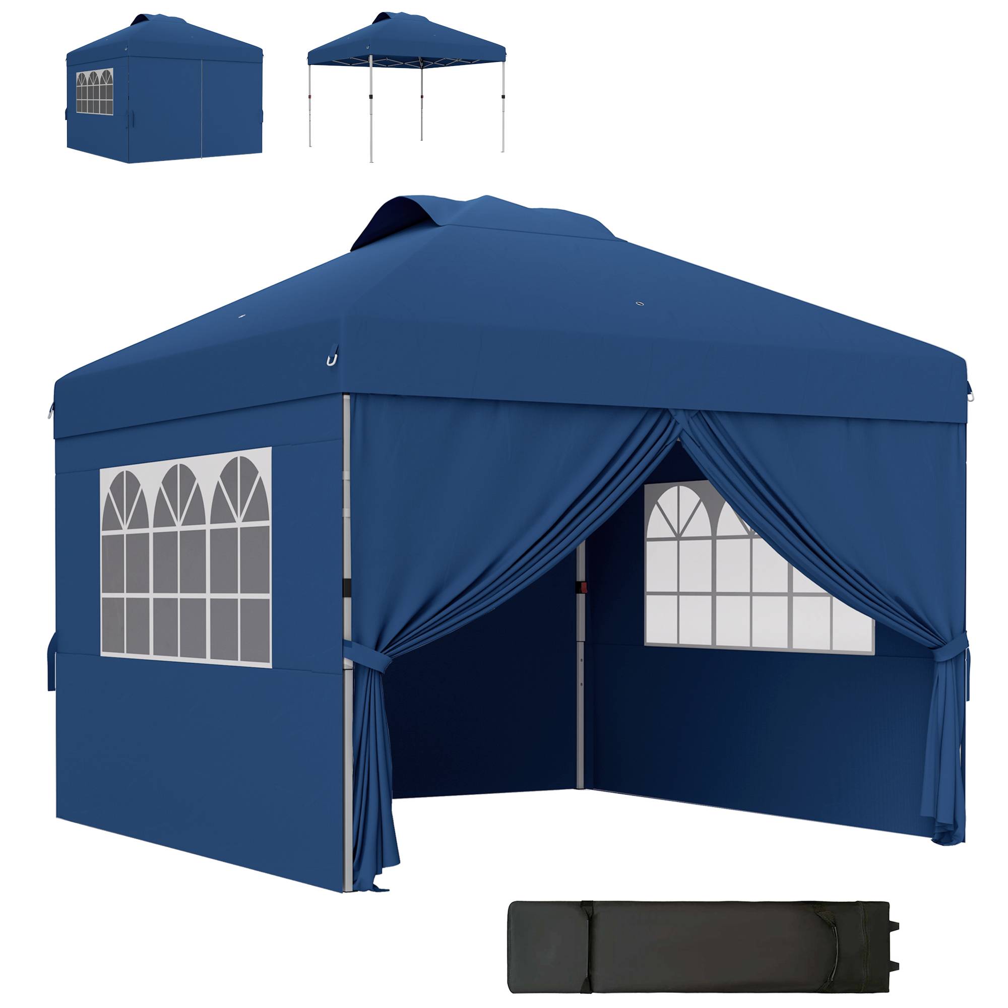 Outsunny - Tonnelle de jardin pliante pop-up 3x3m h. réglable, parois latérales, aérations, fenêtres, sac roulettes tissu Oxford bleu foncé - Outsunny - Image 1