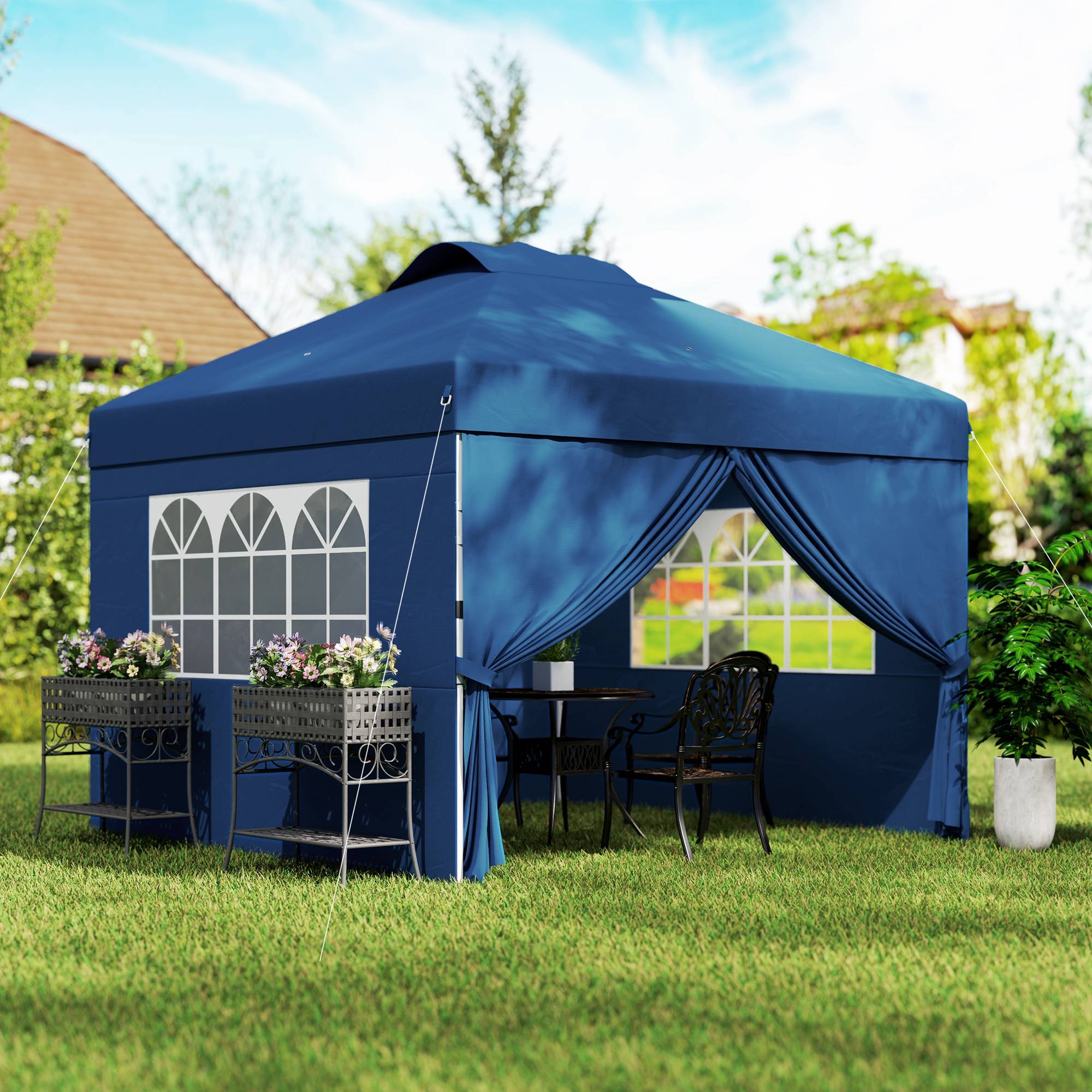 Outsunny - Tonnelle de jardin pliante pop-up 3x3m h. réglable, parois latérales, aérations, fenêtres, sac roulettes tissu Oxford bleu foncé - Outsunny - Image 4