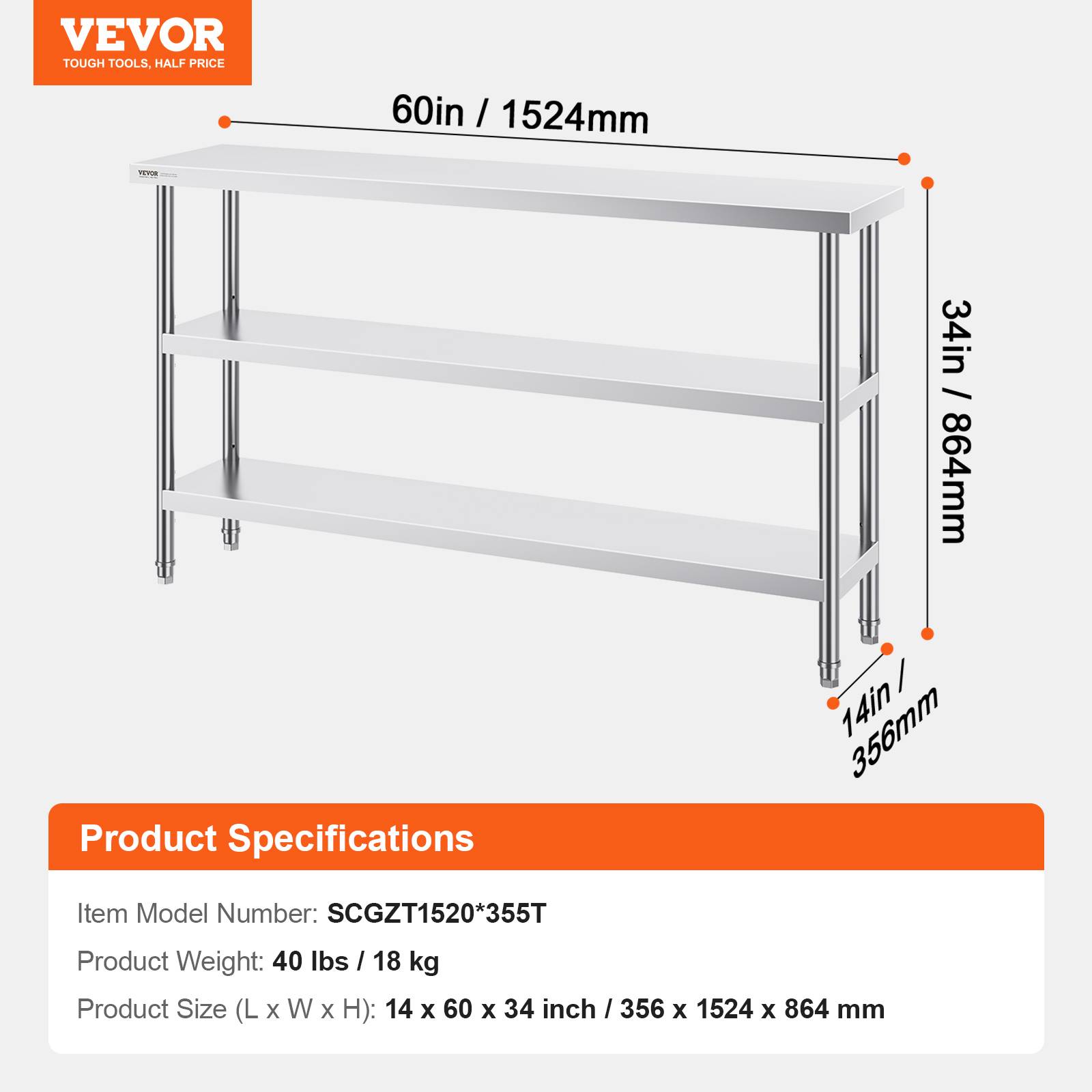 Vevor - VEVOR Table préparation inox 14"x60"x34", 2 étagères réglables, cuisines commerciales, domestique. - Image 7