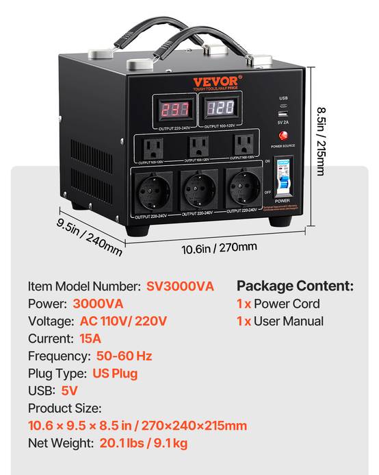 VEVOR Transformateur 220V⇄110V 3000W, avec 3 prises US, 3 prises EU, 1 USB, 1 Type-C, élévateur/abaisseur. - Image 5
