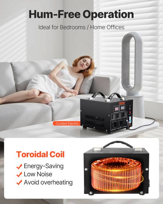 VEVOR Transformateur 220V⇄110V 3000W, avec 3 prises US, 3 prises EU, 1 USB, 1 Type-C, élévateur/abaisseur. - Image 6