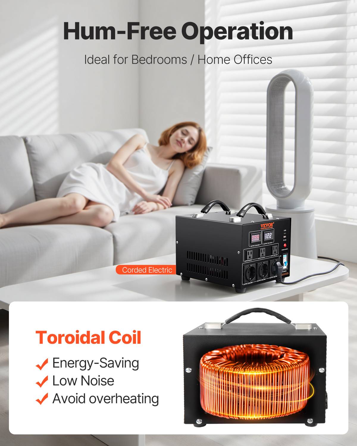 VEVOR Transformateur 220V⇄110V 3000W, avec 3 prises US, 3 prises EU, 1 USB, 1 Type-C, élévateur/abaisseur. - Image 6