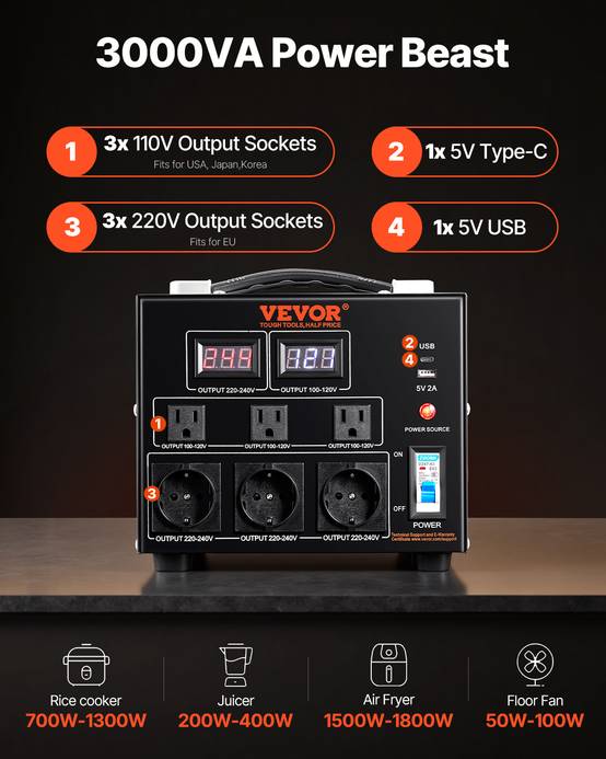 VEVOR Transformateur 220V⇄110V 3000W, avec 3 prises US, 3 prises EU, 1 USB, 1 Type-C, élévateur/abaisseur. - Image 2