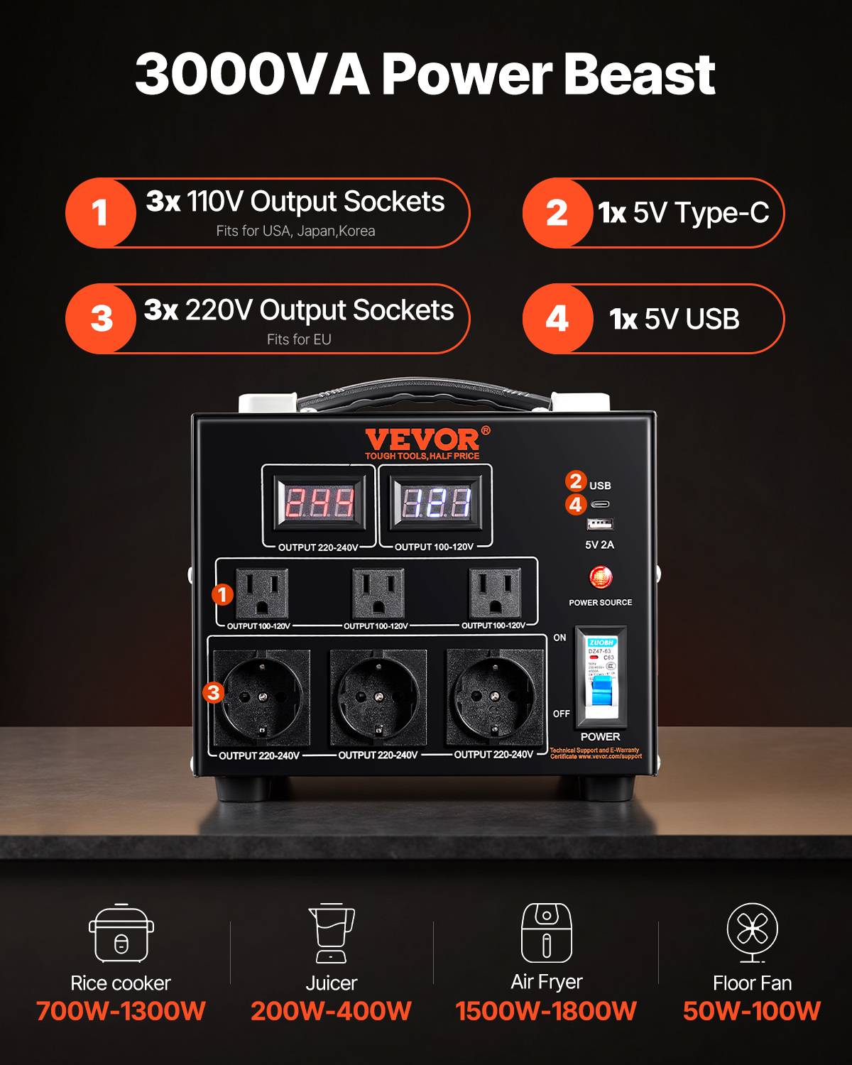 VEVOR Transformateur 220V⇄110V 3000W, avec 3 prises US, 3 prises EU, 1 USB, 1 Type-C, élévateur/abaisseur. - Image 2