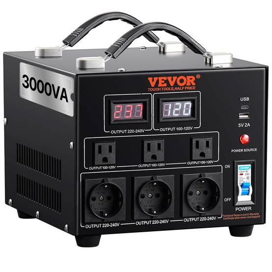 VEVOR Transformateur 220V⇄110V 3000W, avec 3 prises US, 3 prises EU, 1 USB, 1 Type-C, élévateur/abaisseur. - Image 1